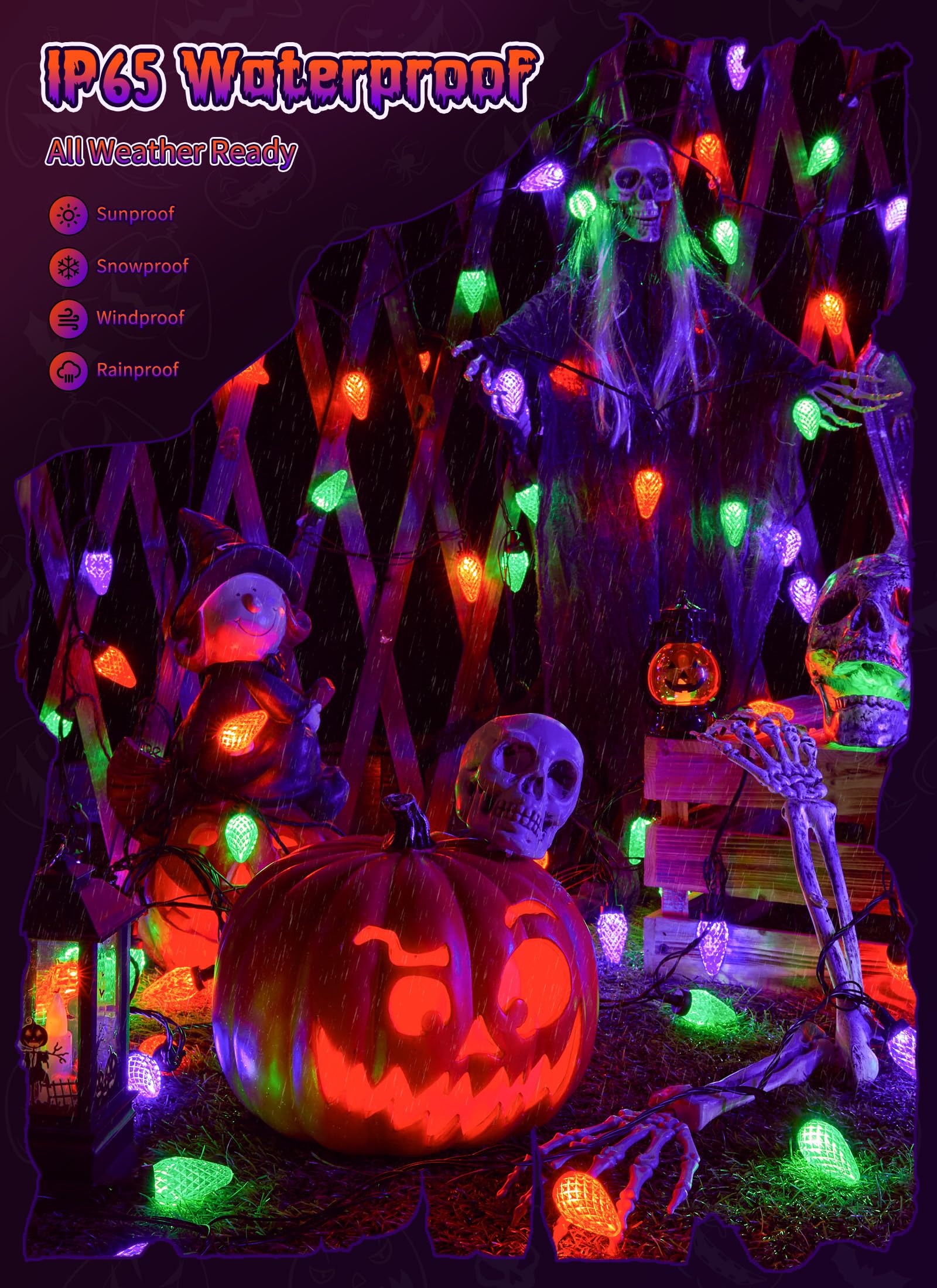 Brightown C9 Led String Lights  114Ft 150 Led Orange Purple And Green Christmas Lights With Timer & 8 Modes  Plug-In Waterproof Outdoor Lighting For Halloween House Patio Yard Porch Roof
