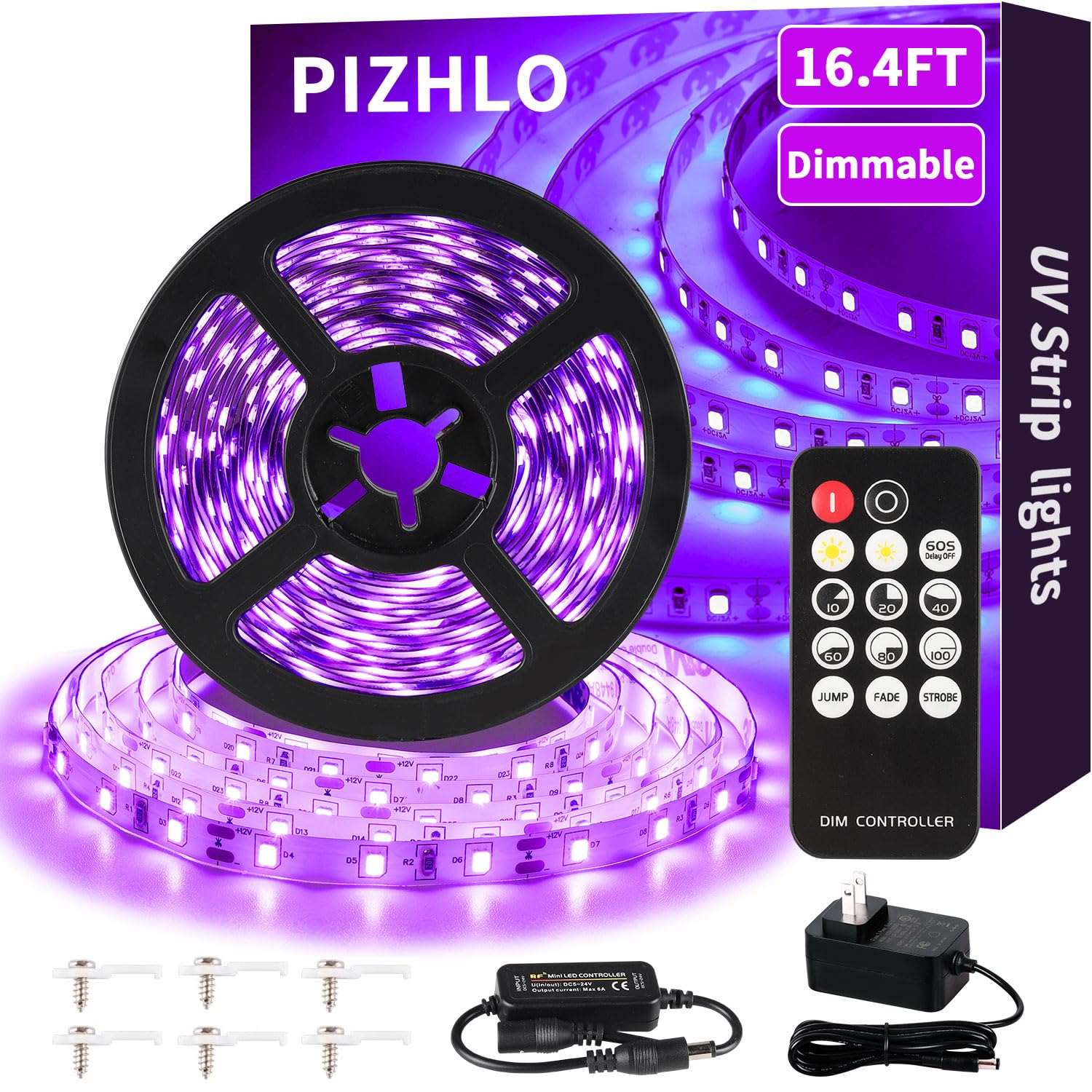 PIZHLO Upgraded 16.4ft/5M LED Black Light Strip Set with Remote, 300 LEDs, 12V Self-Adhesive Dimmable Black Light Fixture, for D