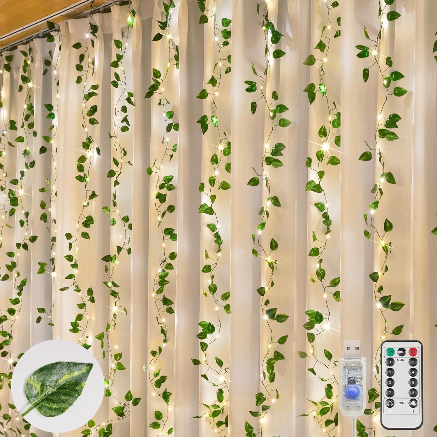 suddus Vines with Lights, 200 LED Fairy Lighs with Vines, Pothos Curtain String Lights with Remote for Bedroom, Dorm, Wedding, Party, Wall, Indoor, Outdoor Decor, 6.5ft x 6.5ft