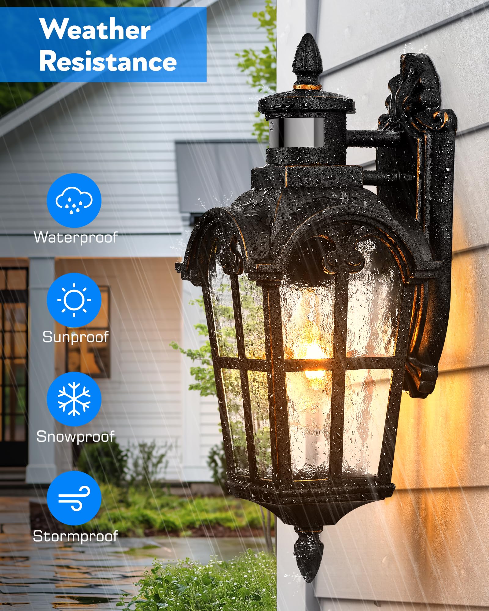 VIANIS Motion Sensor Outdoor Light, 16.4" H Waterproof Black Lantern with Gold Trim, Aluminum Fixture for House, Garden, Patio