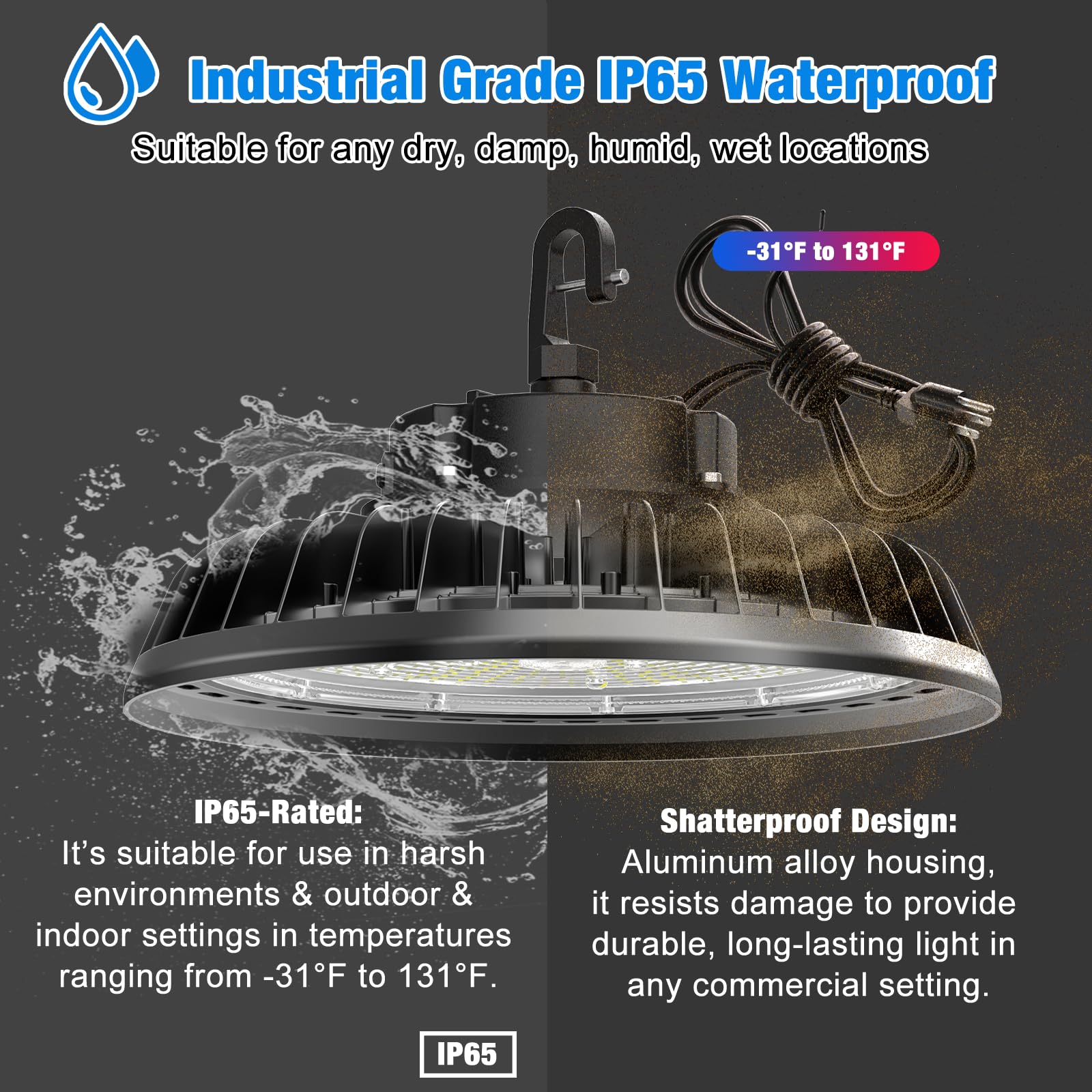 G Gjia 400W Super Bright Led High Bay Lights, 60,000Lm 100-277V, 5000K, 0-10V Dimmable Ufo High Bay Led Shop Lights, Us Plug 6'