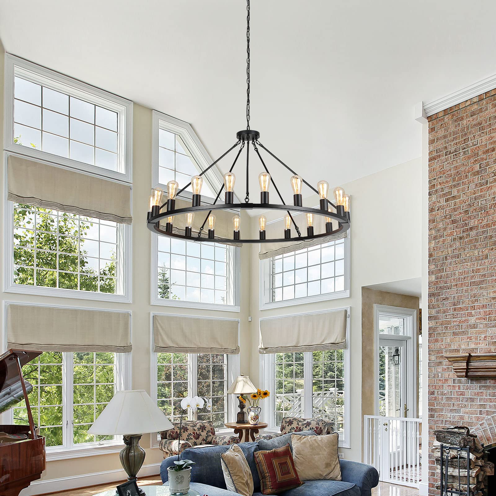 Senyshilon 20-Light Black Wagon Wheel Chandelier, 48&quot; Farmhouse Light Fixture For High Ceilings