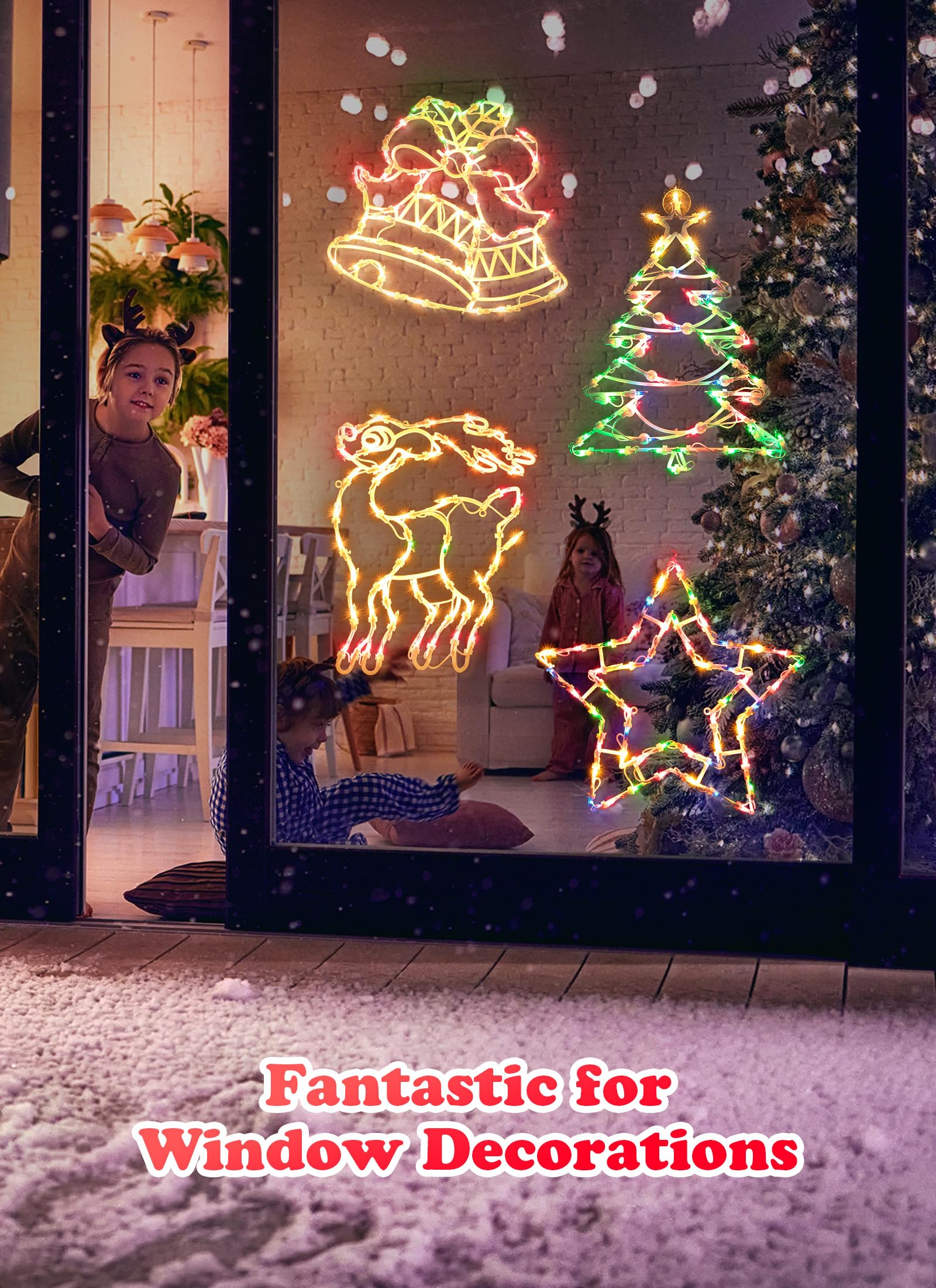 Minetom Christmas Window Silhouette Lights - 4-Pack Decor with White Lighted Deer, Trees, Bell, Star - Model 39134