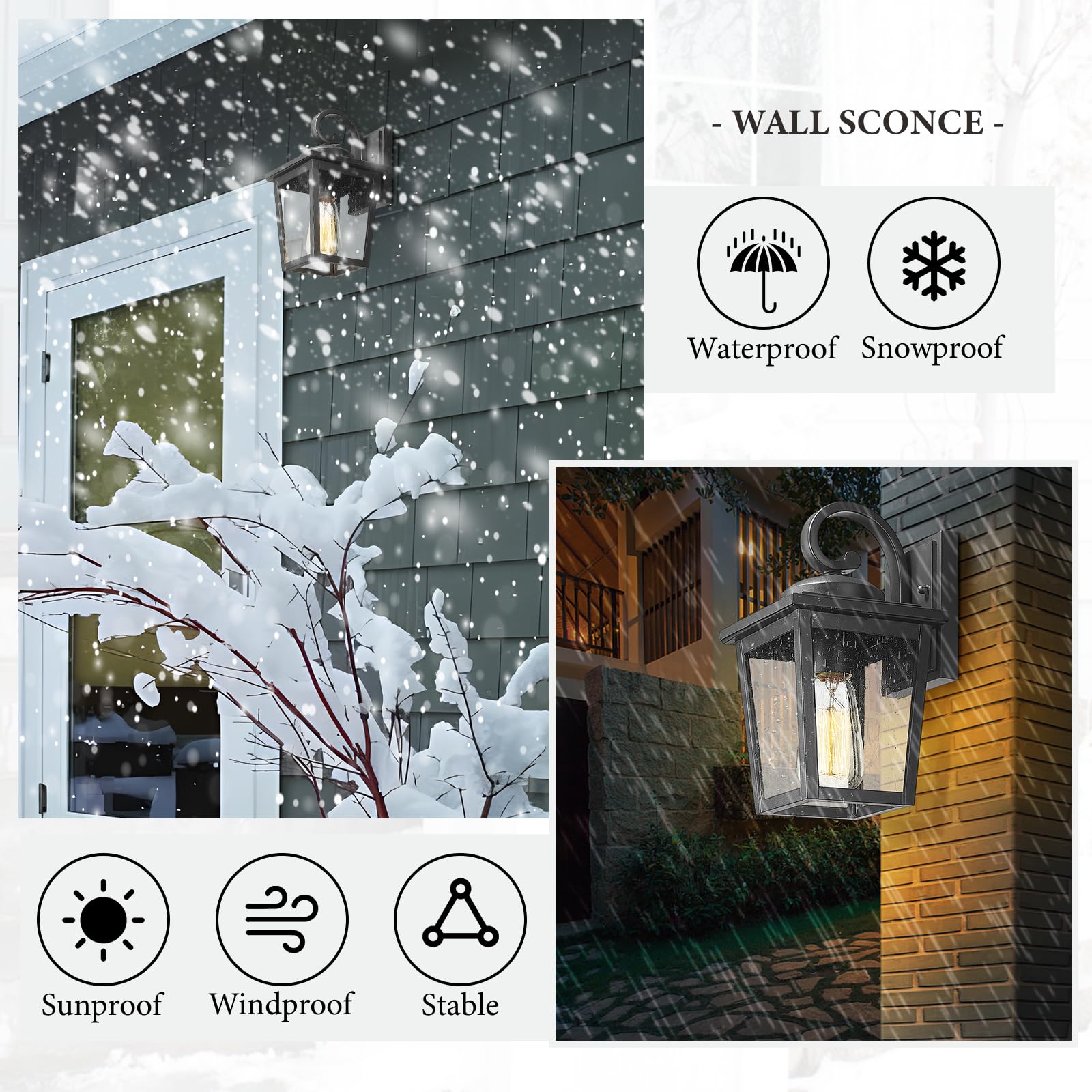 Luminzone Waterproof Outdoor Wall Lanterns, Seeded Glass, Small Aluminum Sconces For Porch & Patio