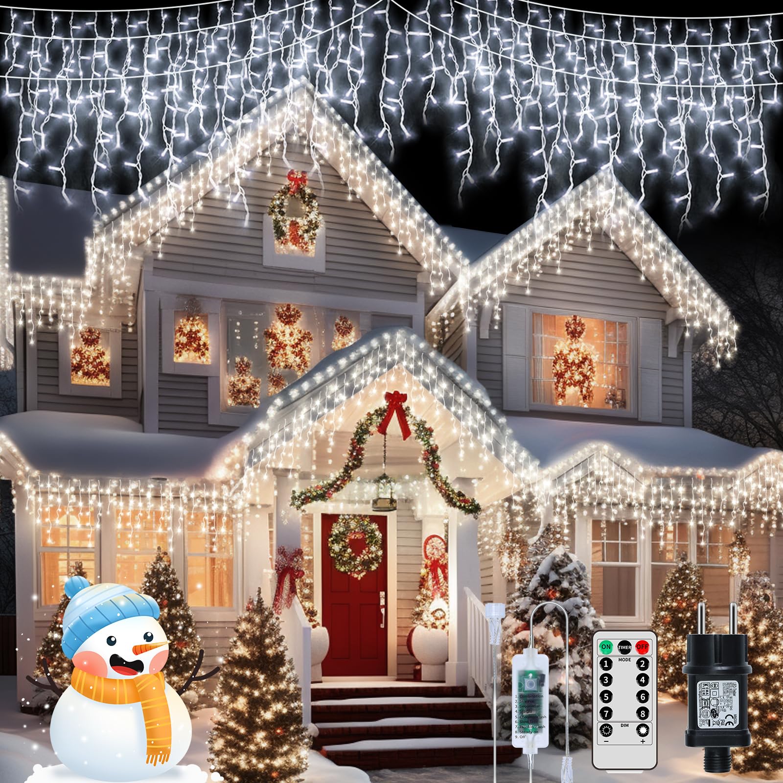 XZAI 800LED 50FT, Icicle String Lights, Plug-in, Cool White, Christmas Party Decors, Connectable, Memory, Remote, 8 Modes, Timer