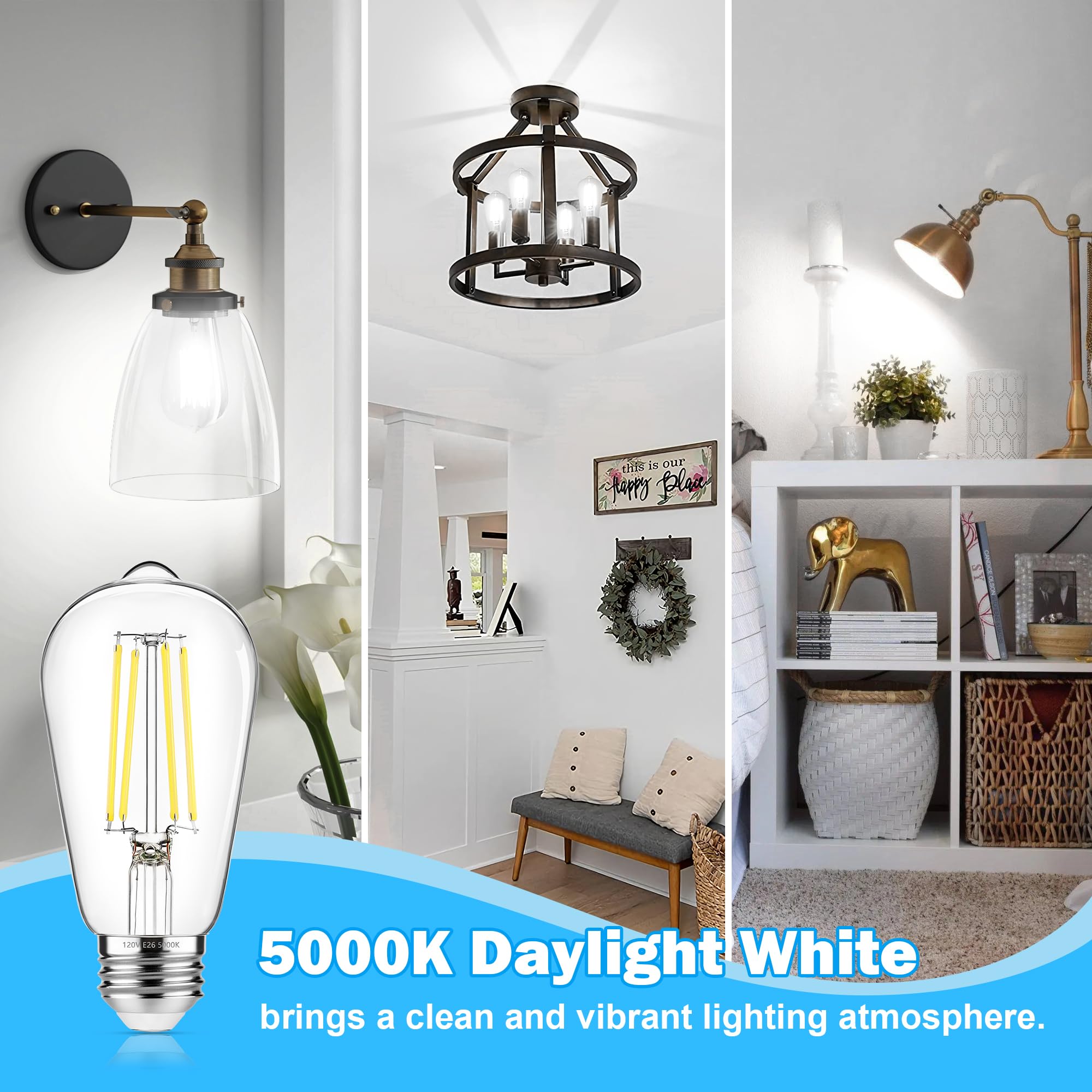 Asomst 16-Pack Vintage Edison Led Bulbs, 60W Equivalent, 850Lm 6W Edison Light Bulb Daylight White 5000K, St58 Led Filament Bulb