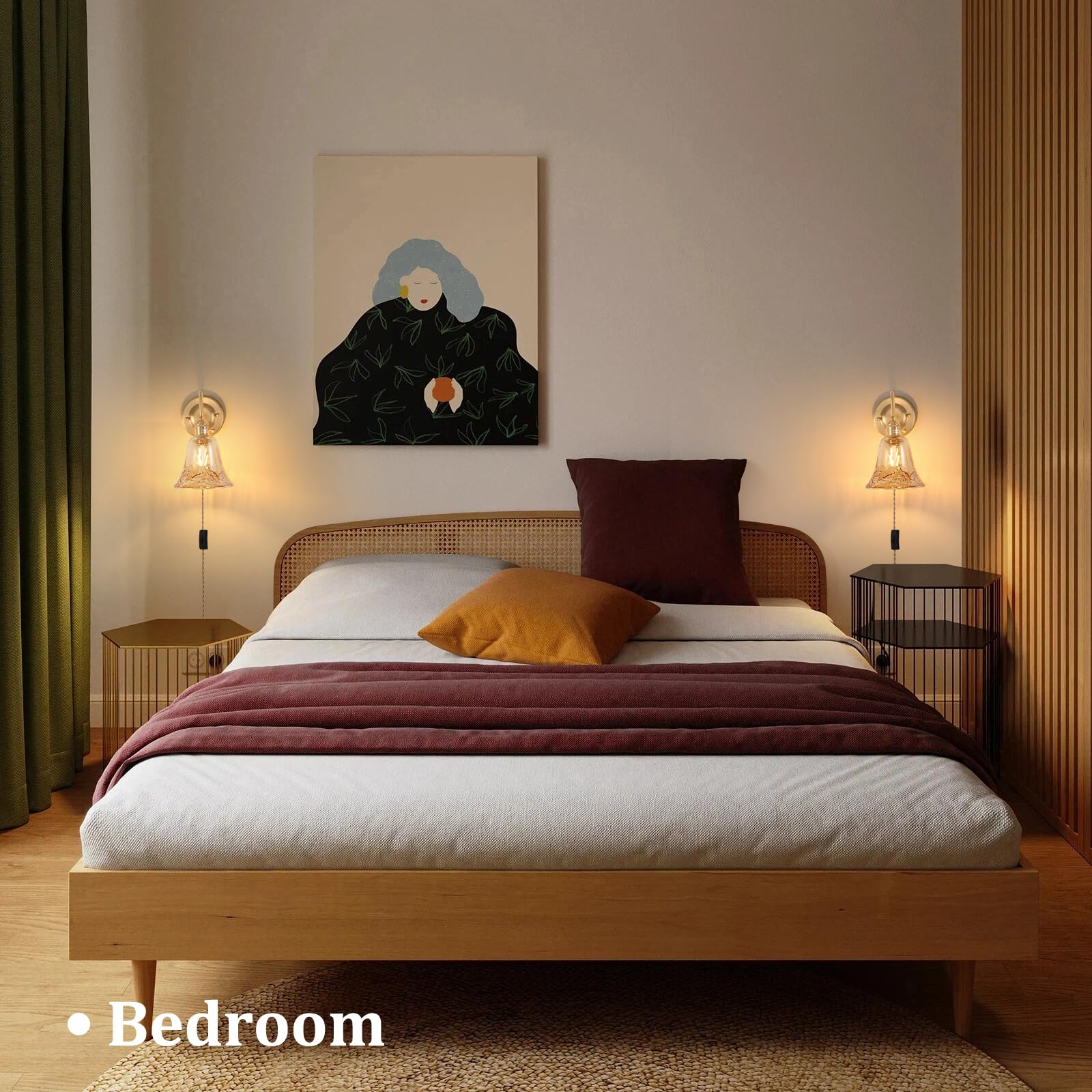 Shenmoyl Wall Sconce Set of 2, Brass Plug-in Lights, Amber Morning Glory Glass Shade, Model 1-93726-wlamp