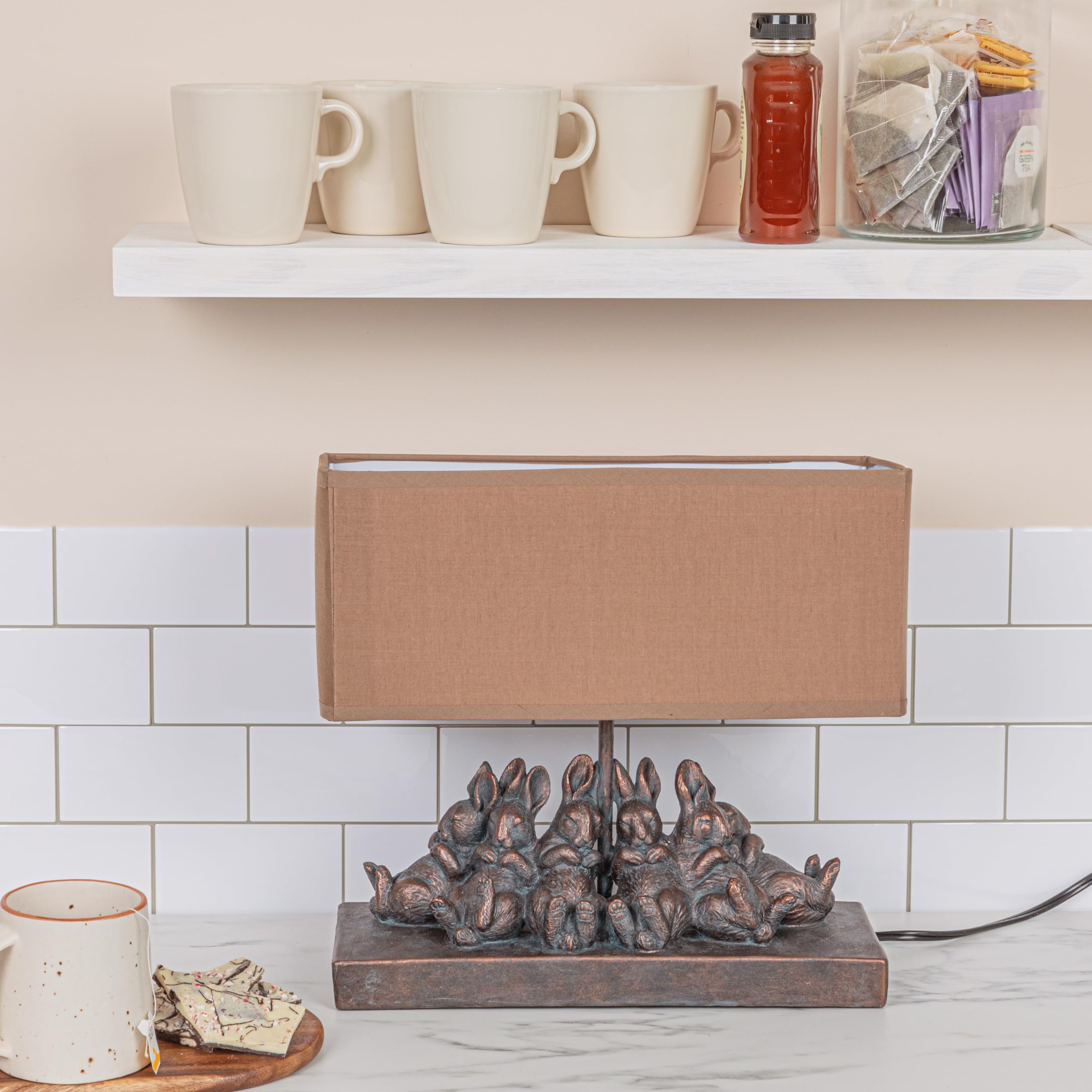 Creative Co-Op Resin Rabbit Table Lamp, Rectangle Linen Shade, Bronze Finish, Model EC1609