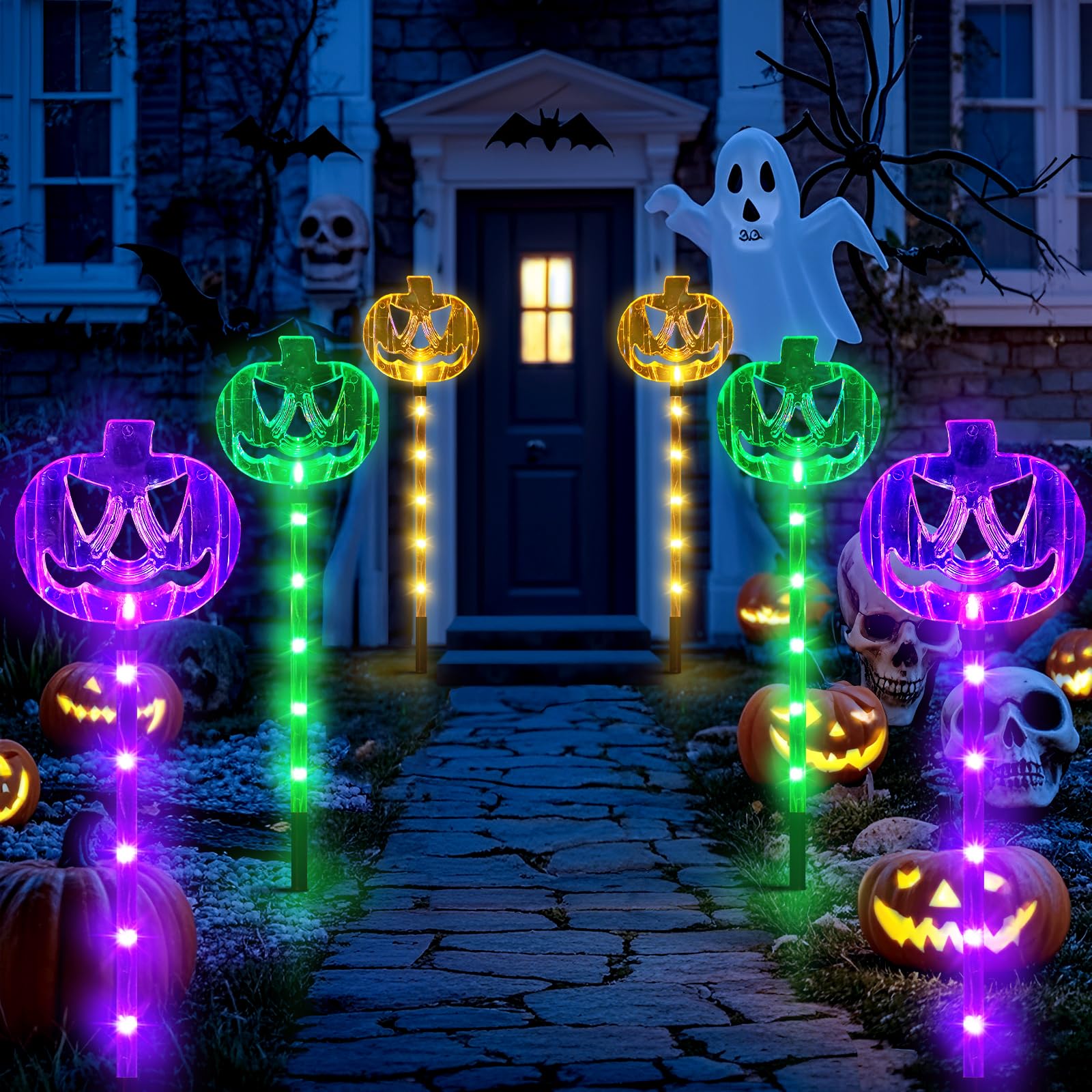 Meteds 6 Pack Solar Pumpkin Stake Lights For Halloween Decorations Outdoor, Waterproof Solar Halloween Lighted Pumpkin Pathway Lights For Garden Yard Patio Porch Pathway Grave