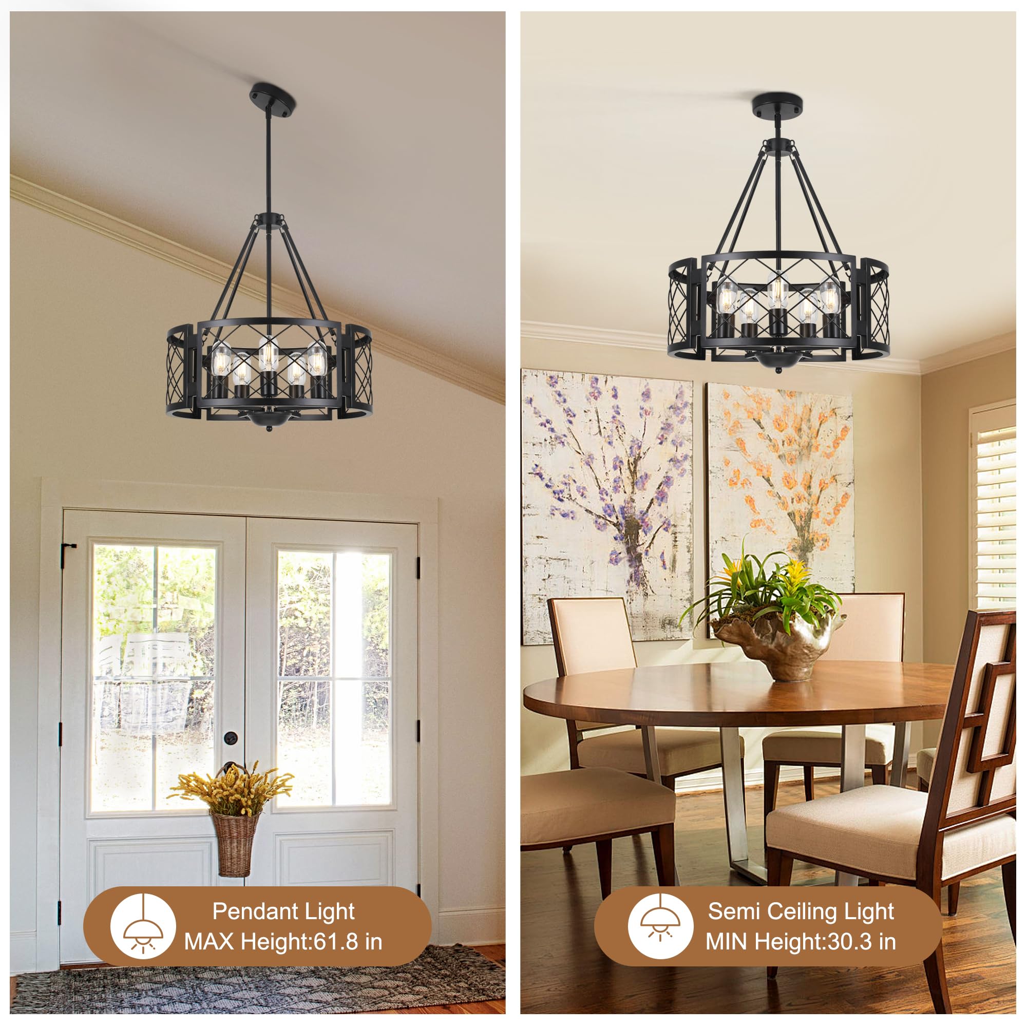 Sigaitwei 5-Light Black Farmhouse Chandelier, Adjustable Pendant Light, 18.9in for Dining Room, Kitchen, Entryway, Model 3c081119-6d54