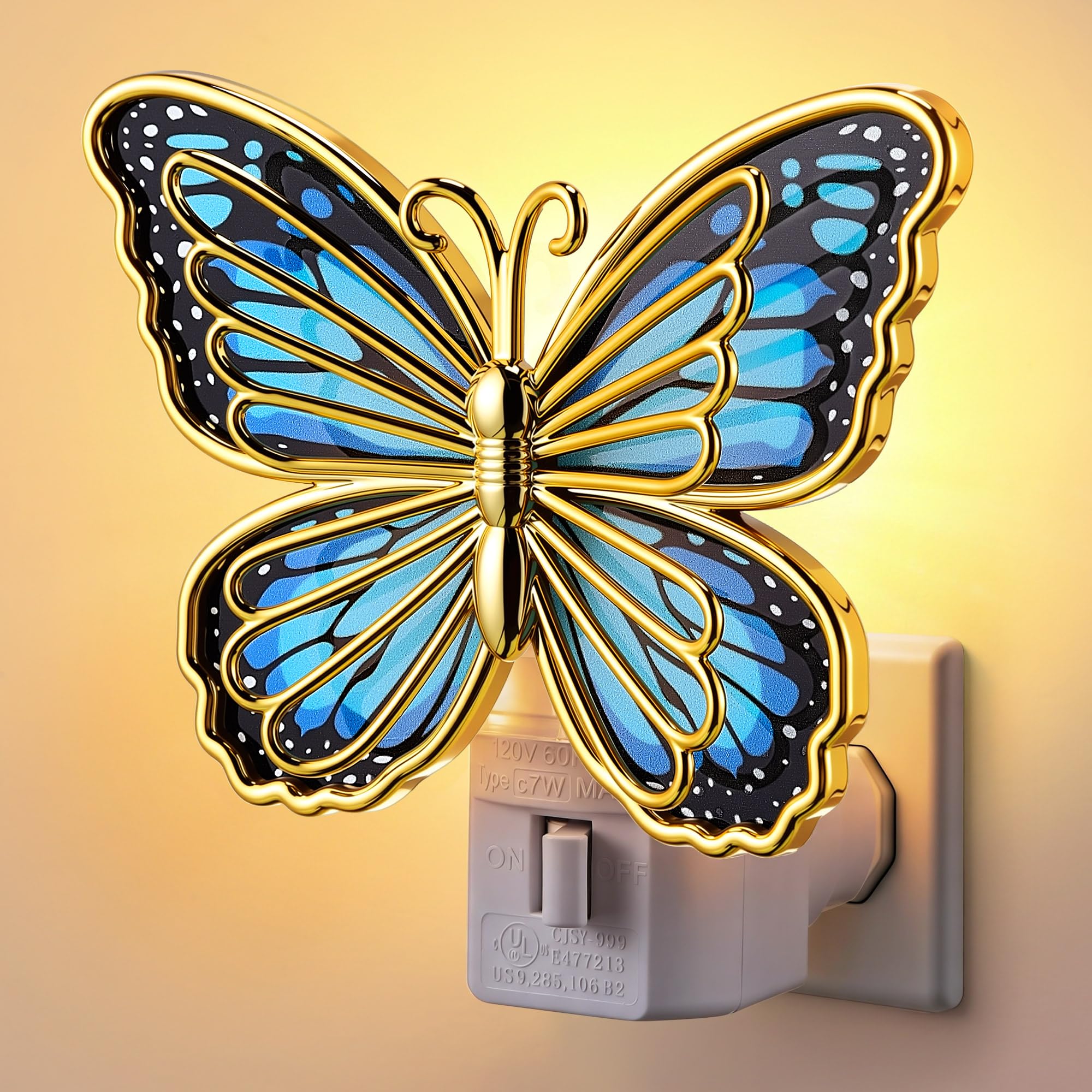 Hohean Butterfly Night Light, LED Butterfly Night Light Plug into Wall, Manual On/Off Switch, Monarch with Gold Trim Decorative,