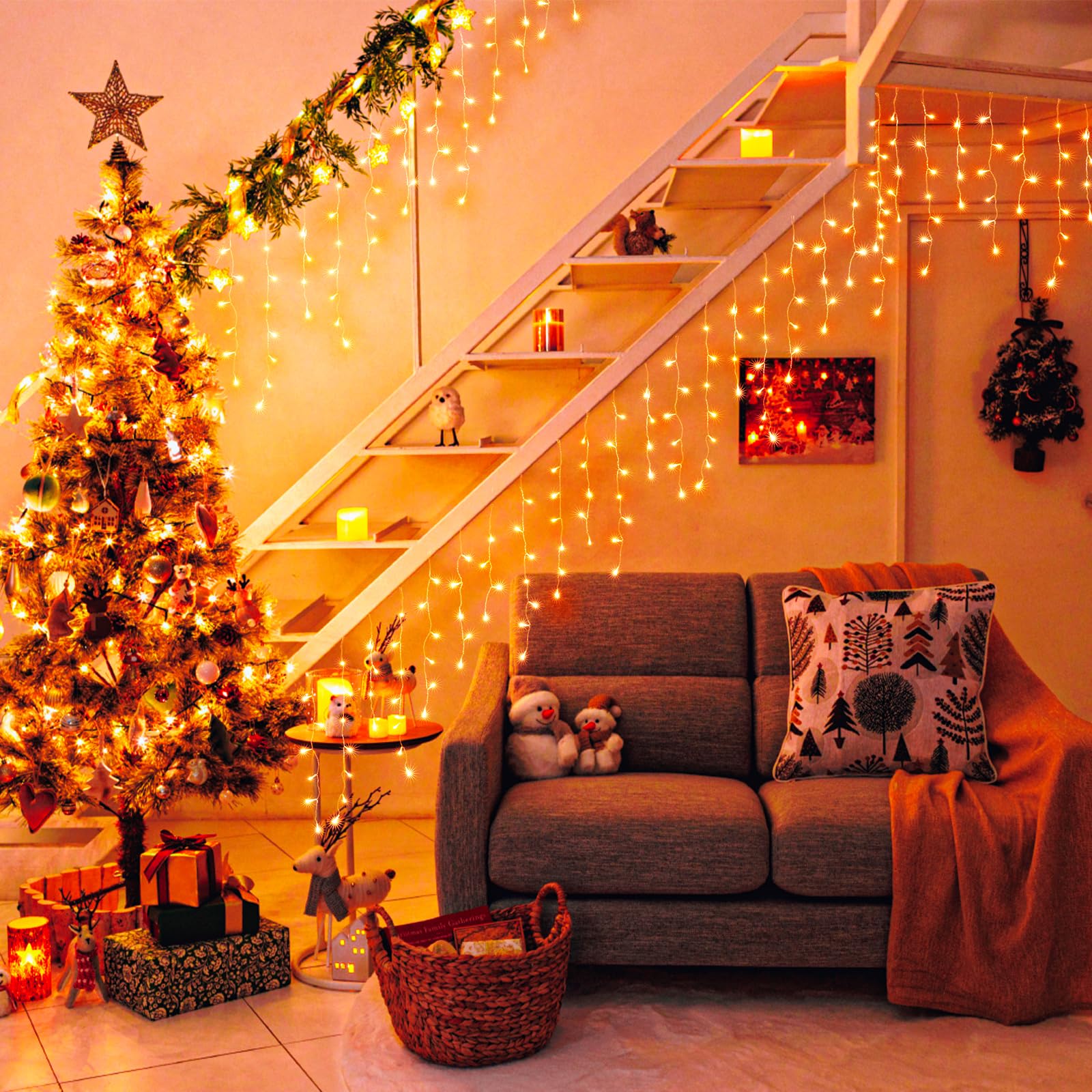 Orange Christmas Lights Outdoor Indoor, 33Ft Icicle Lights For Outside 400 Led Twinkle Lights Plug In 8 Modes Timer Connectable