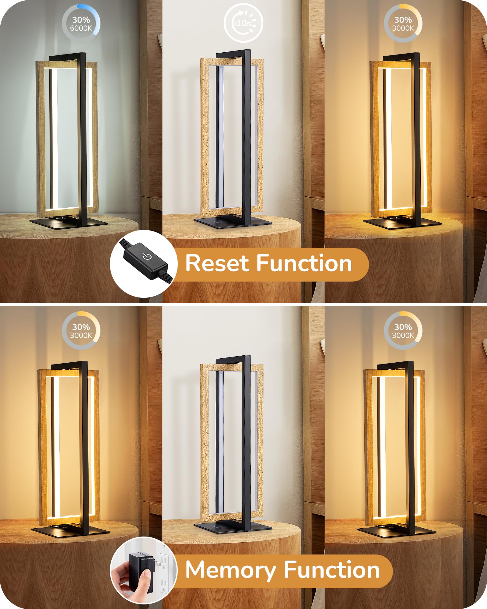 EDISHINE LED Table Lamp - Minimalist Nightstand Light, 3 Color Temperatures, Dimmable, Wood Grain Finish