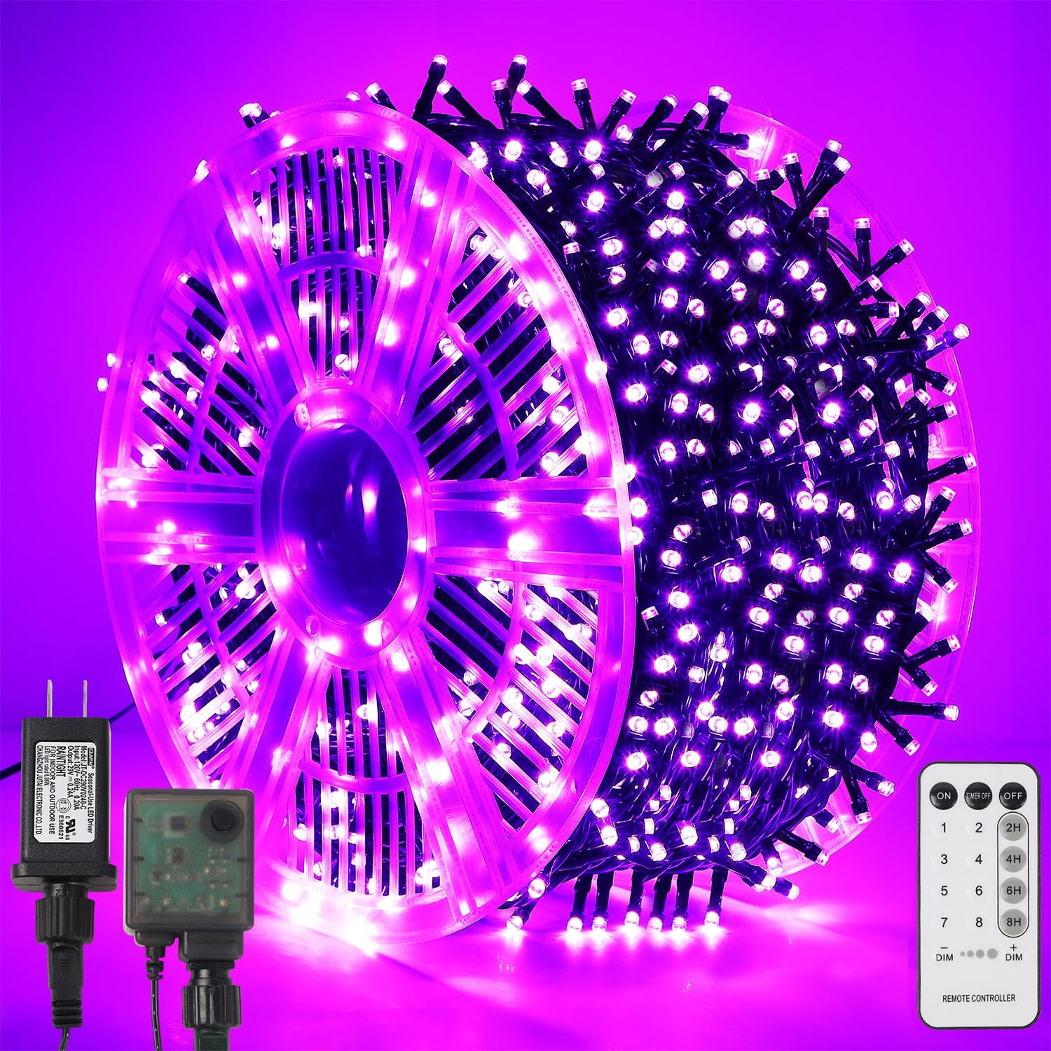 WATERGLIDE 1000 LED Halloween String Lights, 328 FT, Green Wire, Waterproof, Remote & 8 Modes, Purple, Model CL-1000C