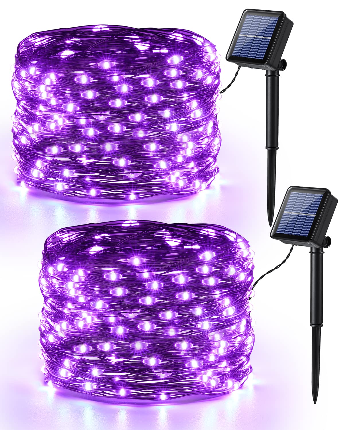 Brizled Purple Fairy Lights, 39.37ft 120 LED, Solar Powered, 8 Modes, Halloween Outdoor Decor, Black Wire