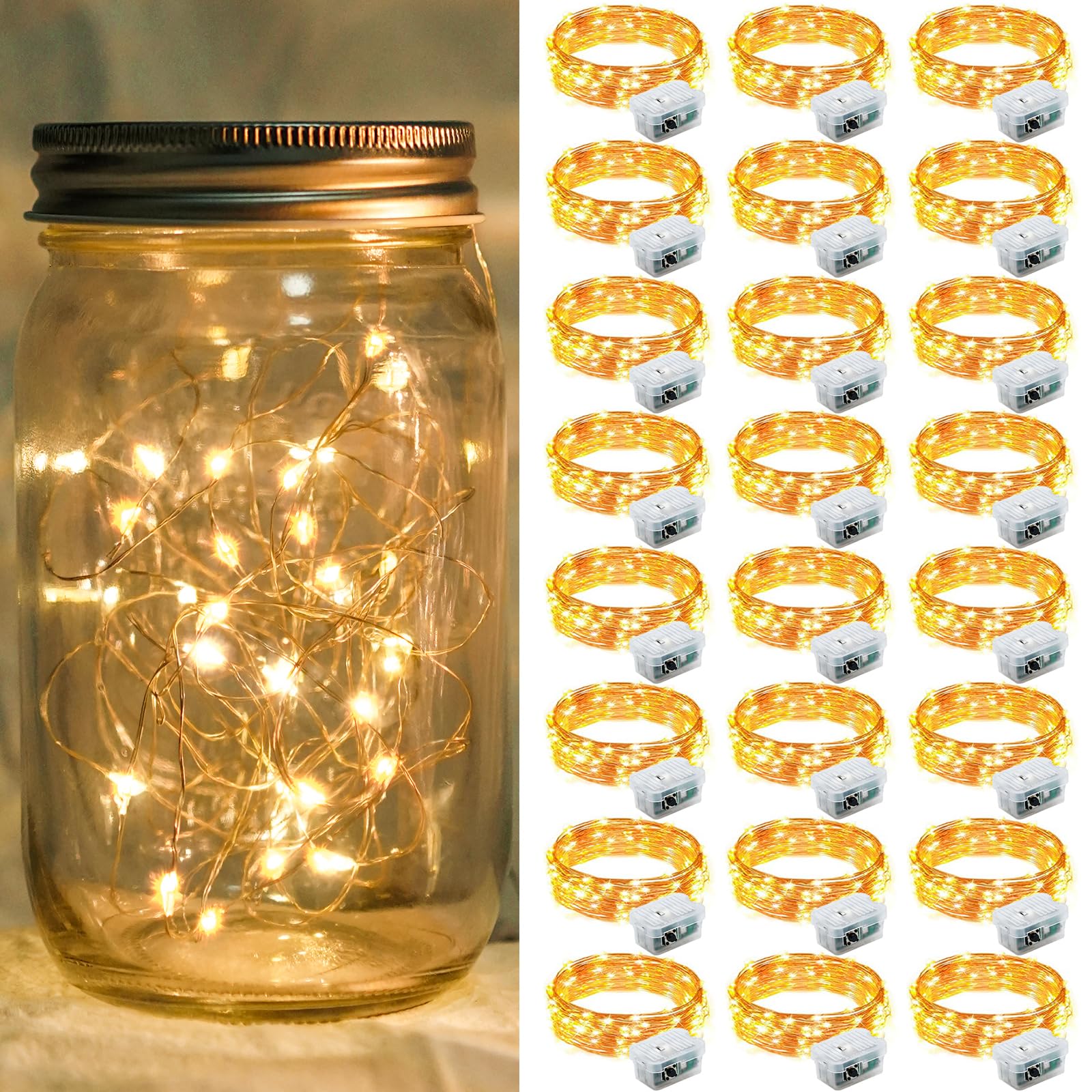 chzk 24 Pack Fairy Lights String Lights 7Ft 20 LED Battery Operated Waterproof Yellow Copper A01-Mini