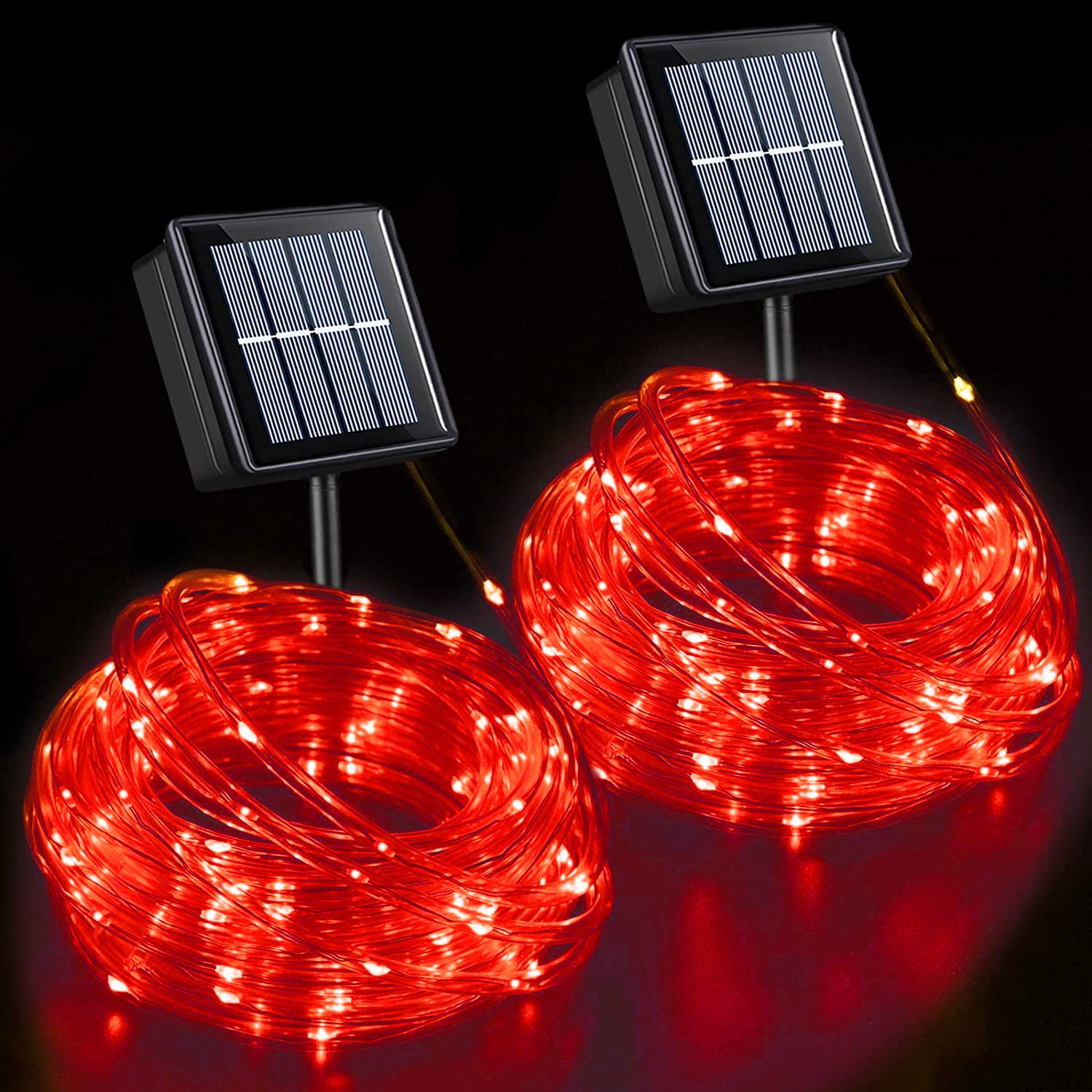 YEGUO 2 Packs Each 33ft 100 LED Solar Rope Lights Outdoor Waterproof, Red String Lights for Outside, 8 Modes Fairy Lights in Cle