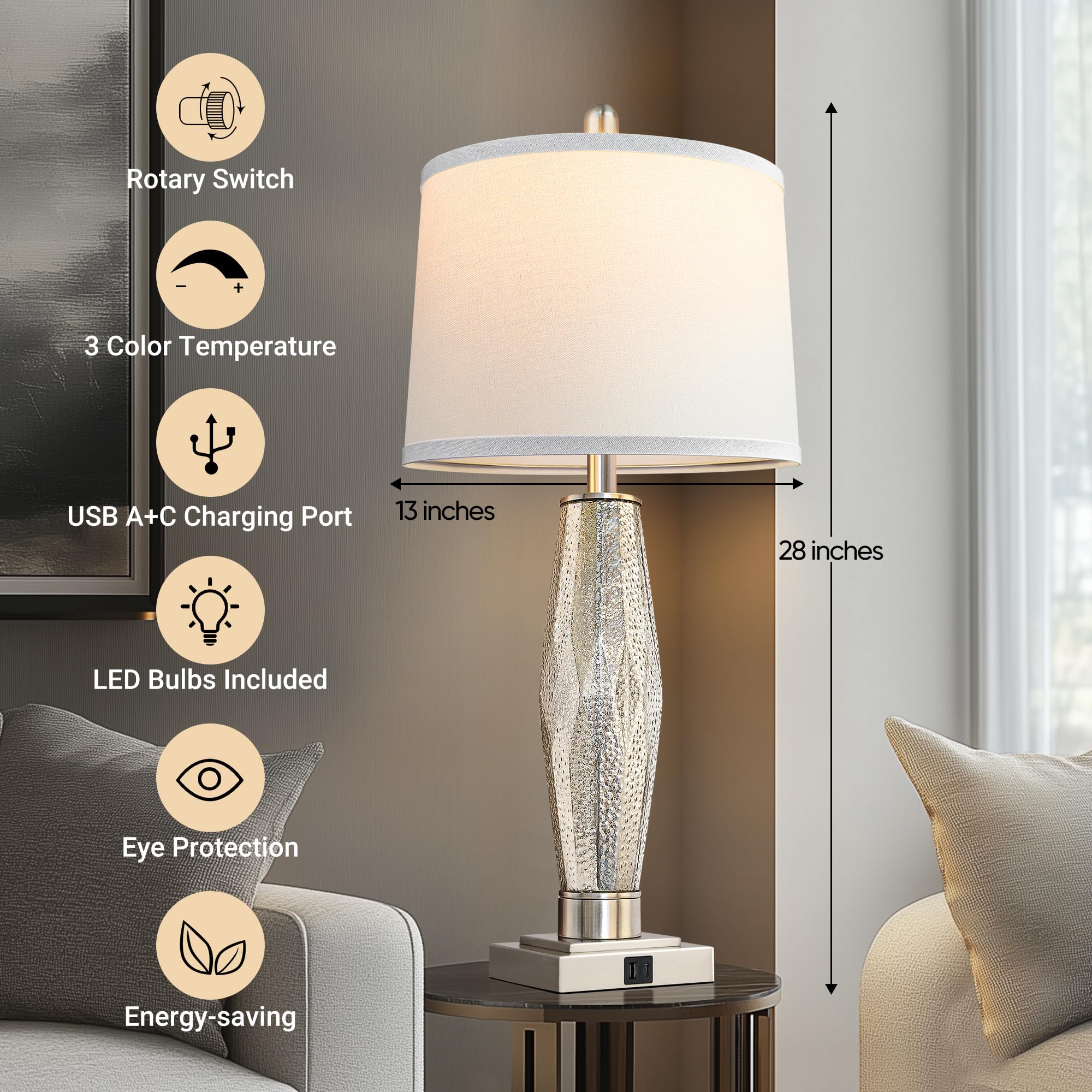 Qimh Table Lamps Set Of 2, Bedroom Lamp With Usb A+C Charging Ports, Modern Beside Lamps For Living Room With White Shade Rotary