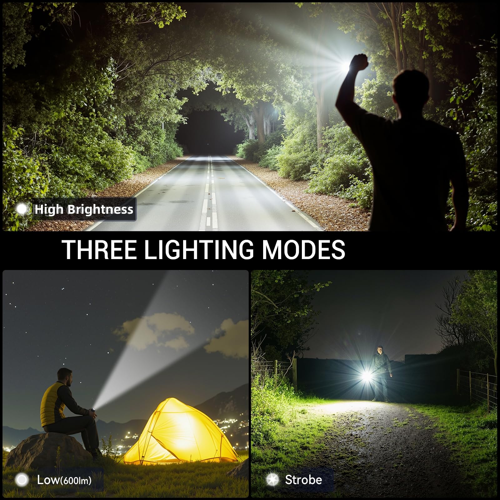 WdtPro Rechargeable Metal Flashlight EX4, 4 LEDs, Waterproof, Black, 1 Pack - Super Bright for Camping, Hiking, Emergency Use