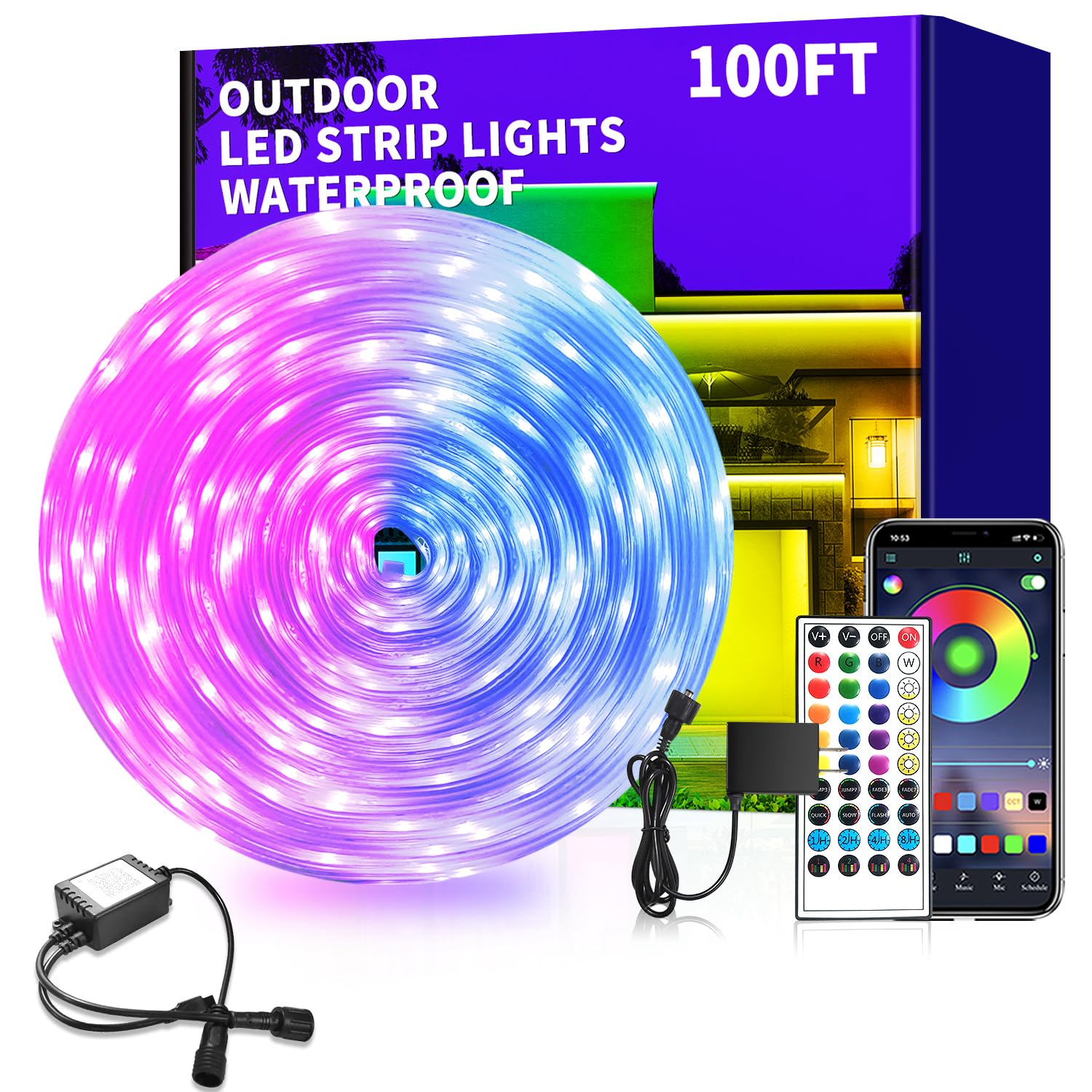 vimeepro LED Strip Lights 100ft Waterproof IP68 RGB Music Sync with APP/Remote Control, Model vimeepro-ledFS100FT03