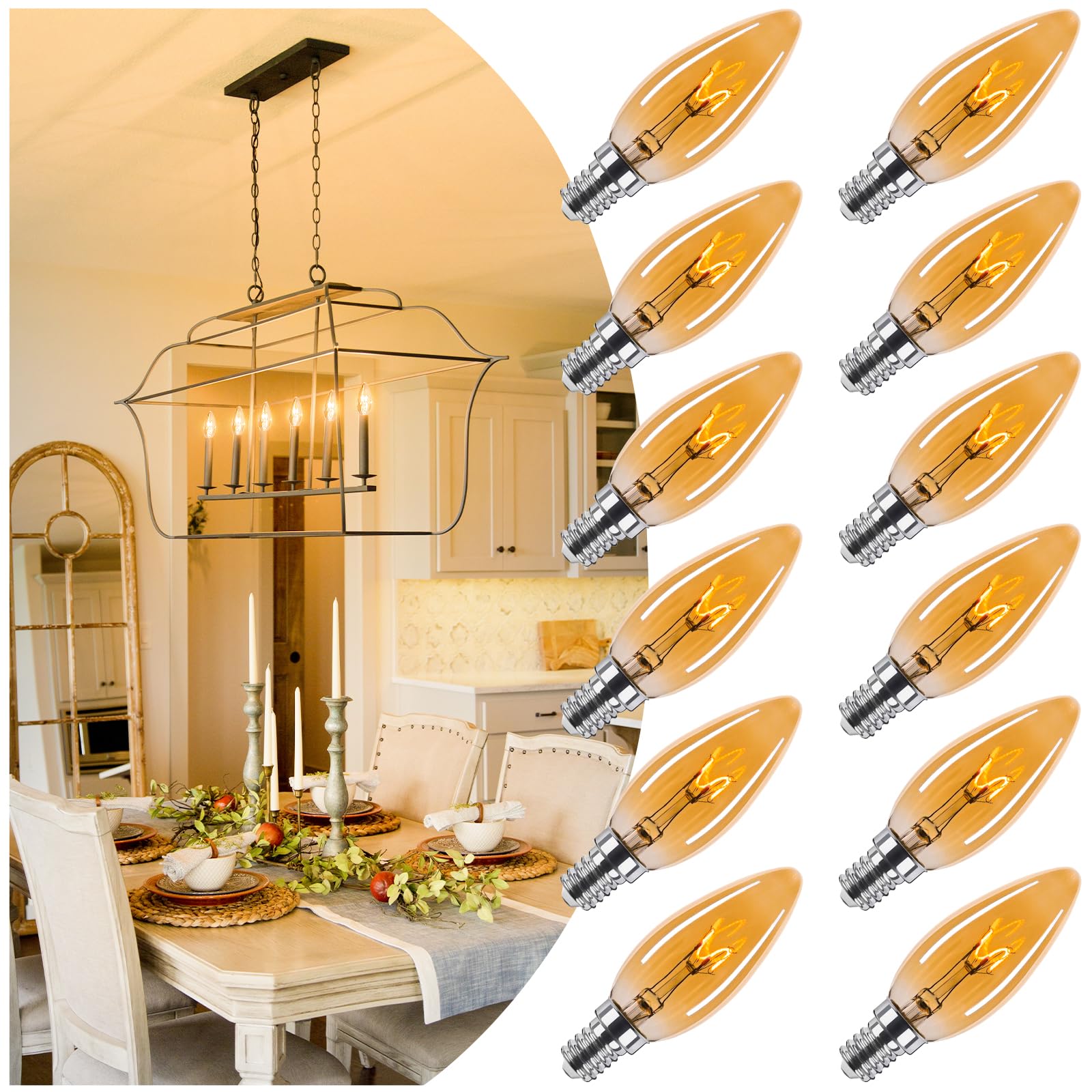 Brighfivey Amber Candelabra Bulb 2W E12 LED, Dimmable, 2000K Soft Warm Light, 200 Lumen, 12 Pack