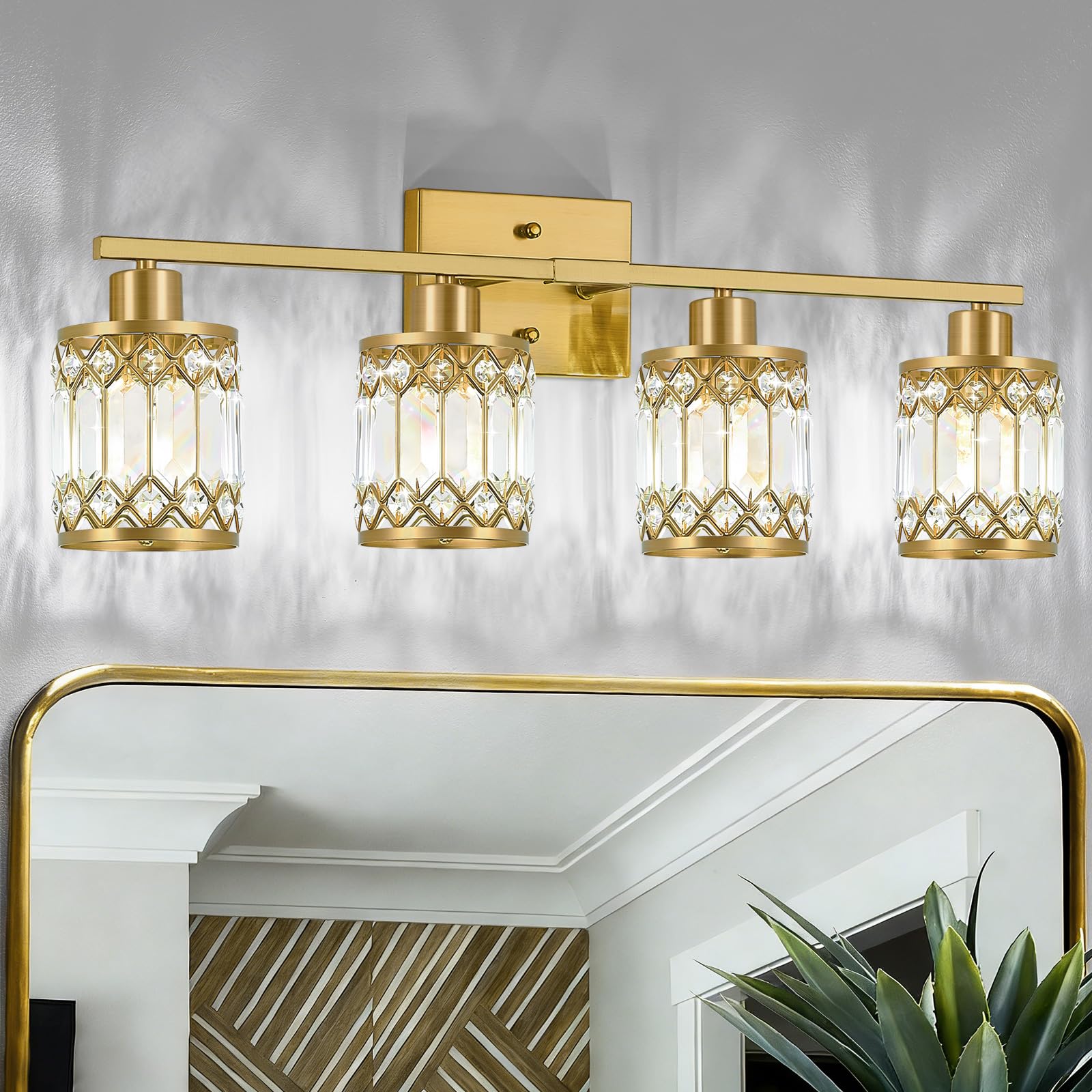 JZEKVN Crystal Modern Bathroom Light Fixtures, 4-Light Brushed Gold Bathroom Vanity Wall Light, Vanity Lights for Mirror, Restro