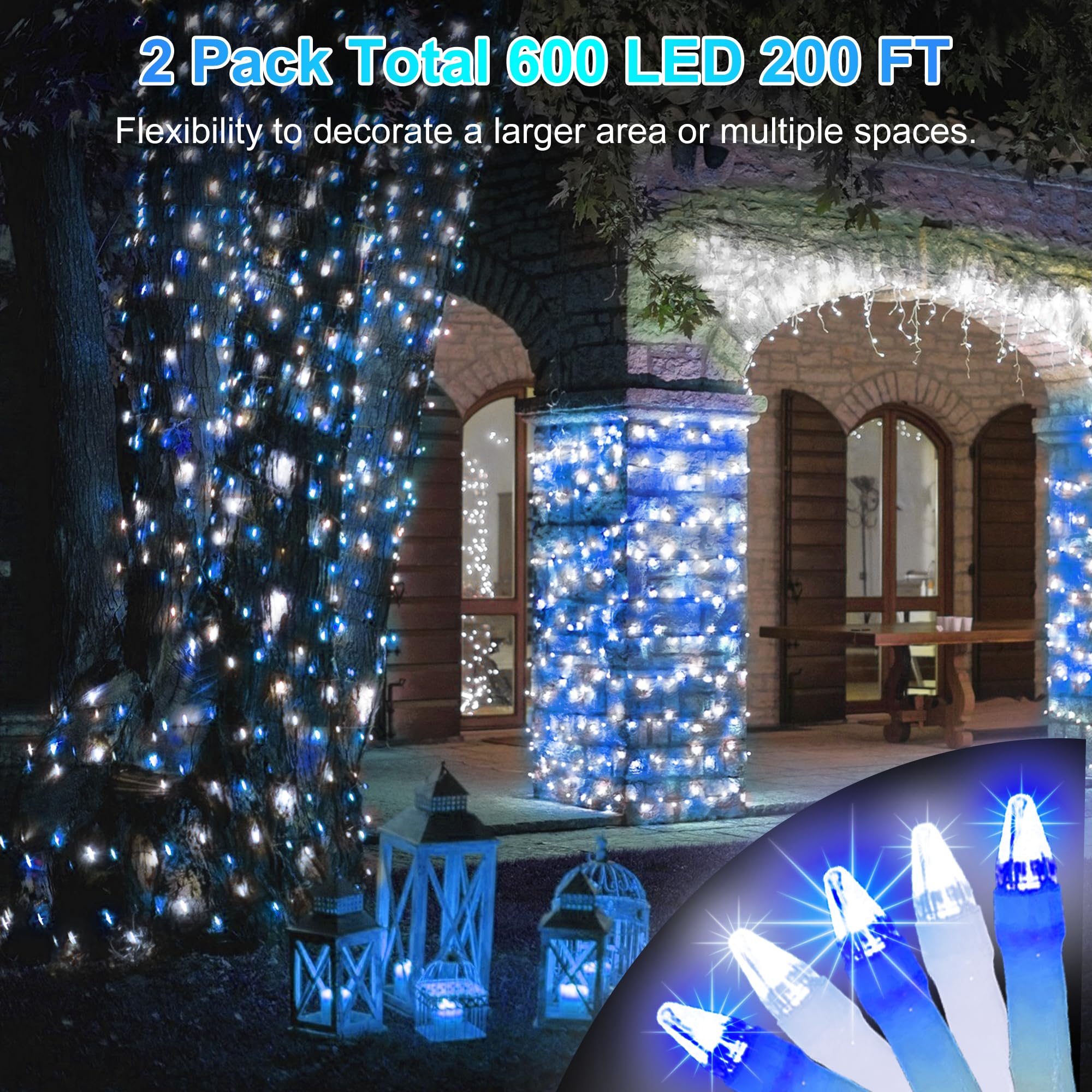 HRANBOTY 600 LED String Lights, 200FT Fairy Lights, Indoor Outdoor, Cool White & Blue, 8 Modes, Copper Material