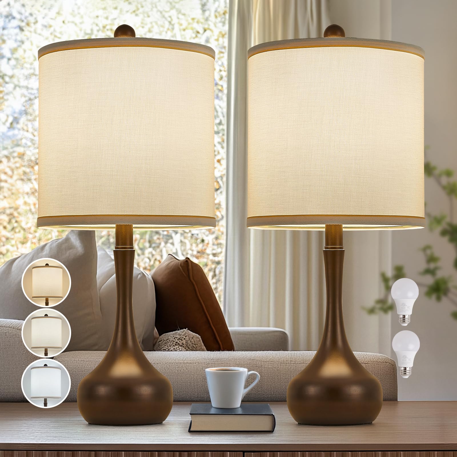 HELIJIA 23'' Brown Metal Modern Table Lamp Set of 2,Farmhouse Bedside Lamps for Living Room, 3 Color Temperature Rustic Table La