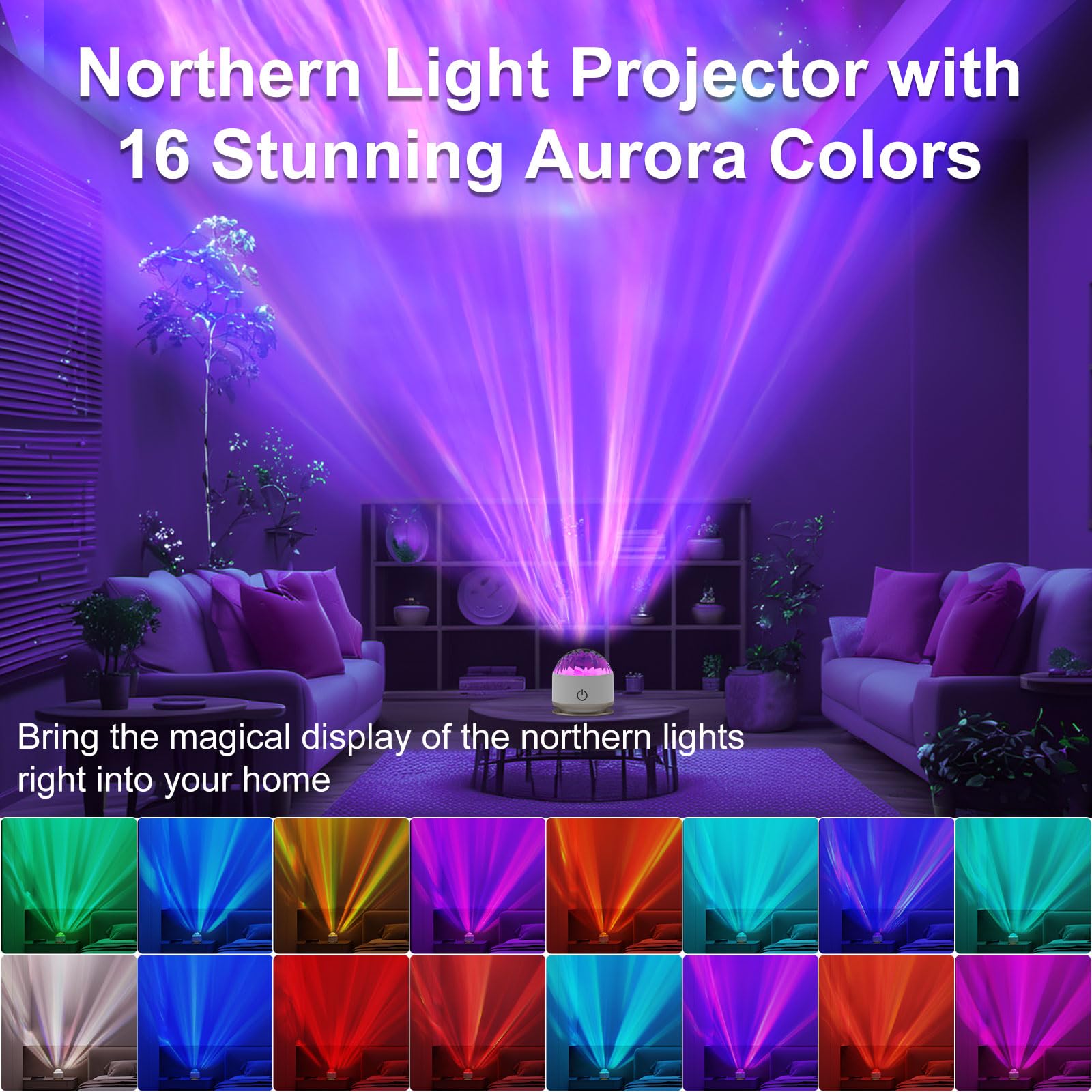 Humiieye Northern Light Projector, Battery Operated Aurora Night Light Projector, 16 Colors Galaxy Lamp Ocean Wave Ceiling Proje