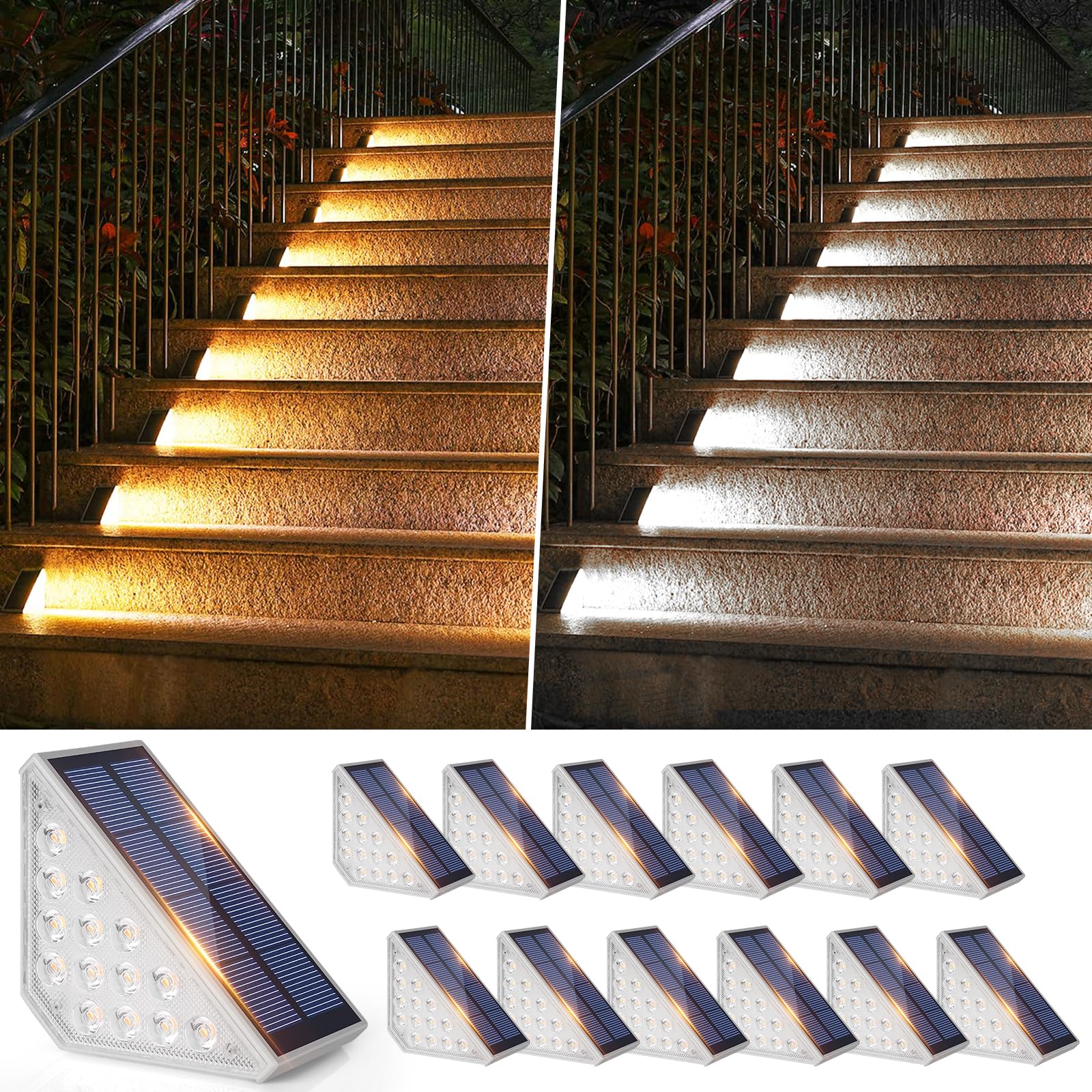 Bosceos 12-Pack Solar Step Lights, Upgraded 2 in 1 LED Solar Powered Stair Light Waterproof, Outdoor Deck Lights with 2 Colors, 