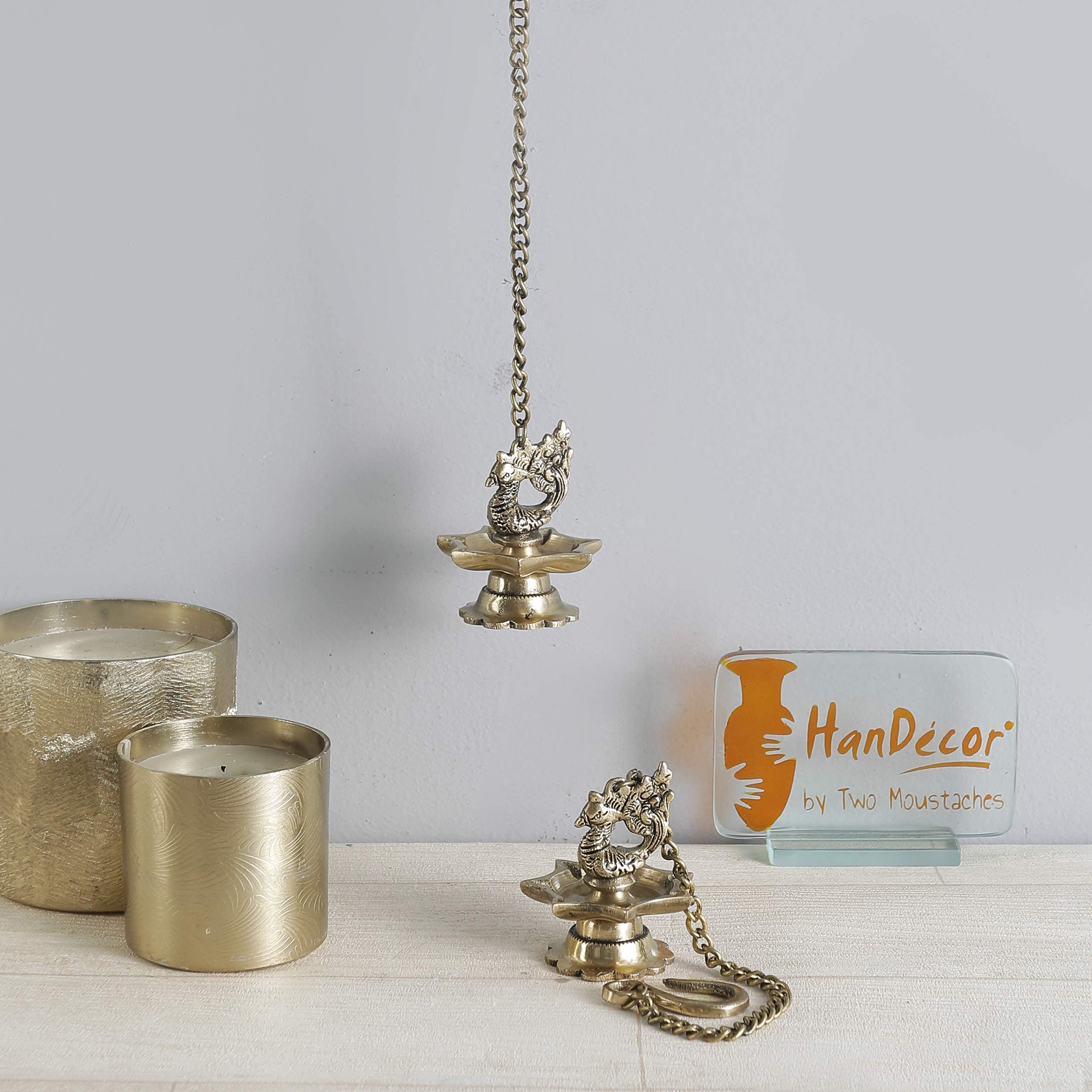 Two Moustaches Brass Peacock Carved Hanging Diya Set, Antique Yellow -Pack of 2, Standard