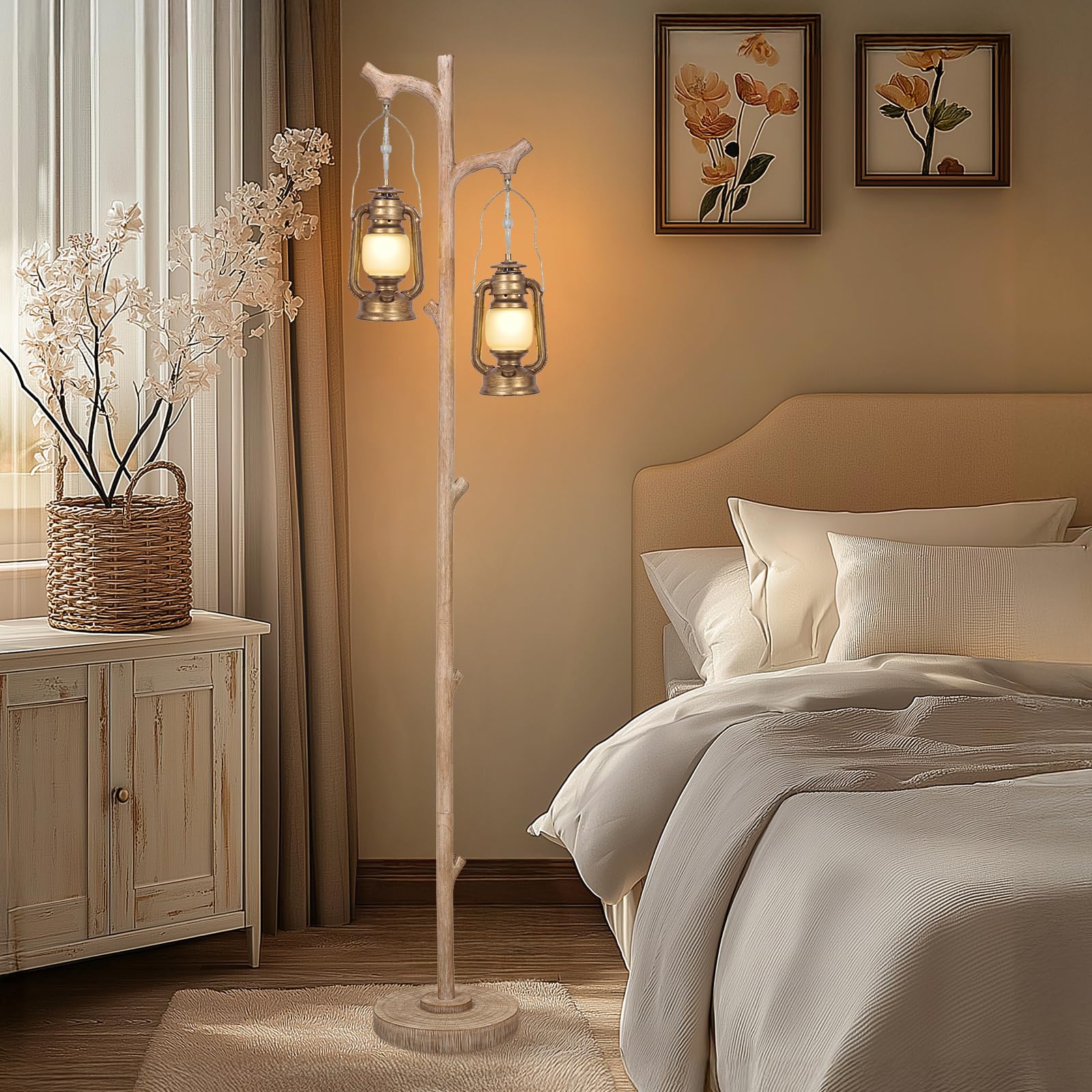 Scenekoy Vintage 68” Tall Floor Lamp, Antique Brass Resin, Dimmable Rustic Light for Living Room & Bedroom, Model SL022-SL