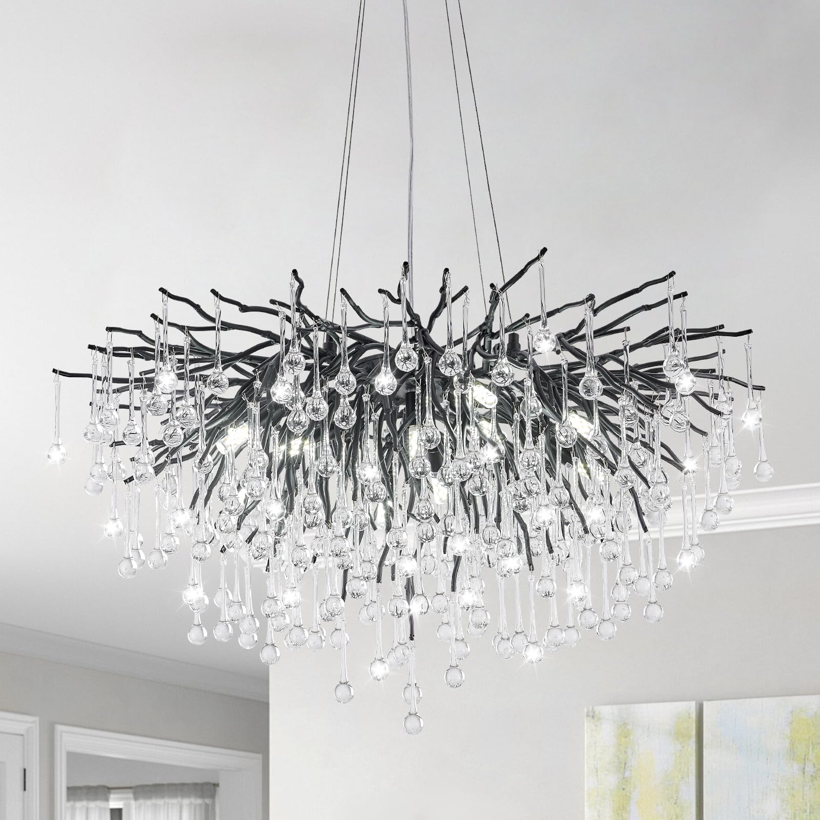 Niuzdu Chandeliers For Dining Room - 23.6'' Modern Black Crystal Chandelier, Round Tree Branch Raindrop Chandelier, Foyer Chande