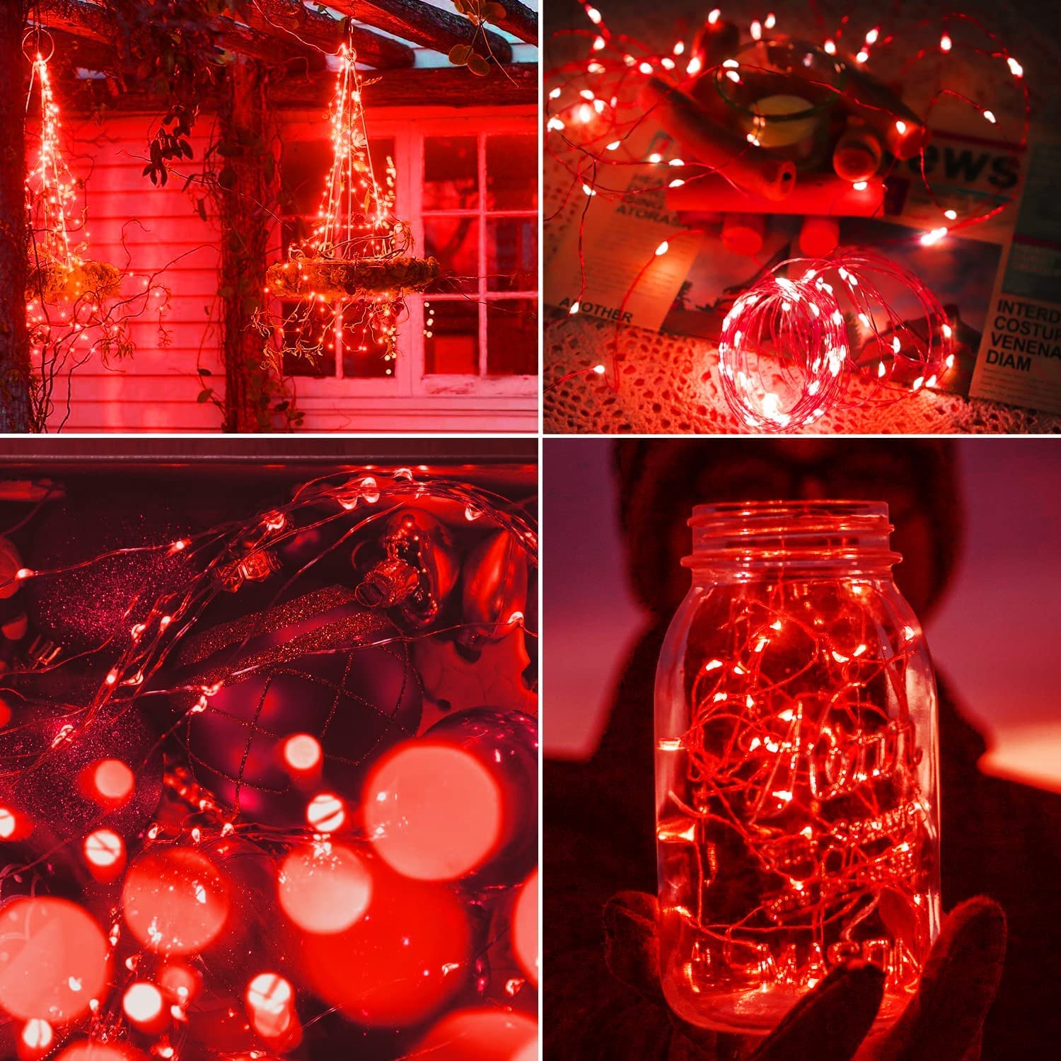 Qitong 4 Pack Red Solar Fairy Lights, 400 Led Waterproof String Lights For Outdoor Xmas Decor