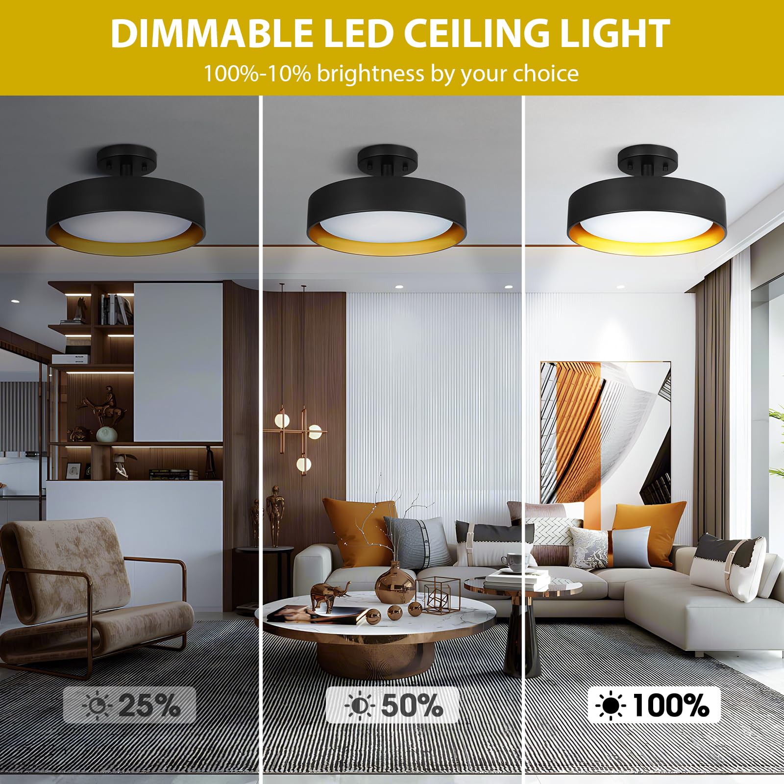 Sunrider Industrial Semi Flush Mount Led Ceiling Light Fixture, 12 Inch 25W 2000Lm Black Metal Bedroom Lamp, Golden Inside, 6000