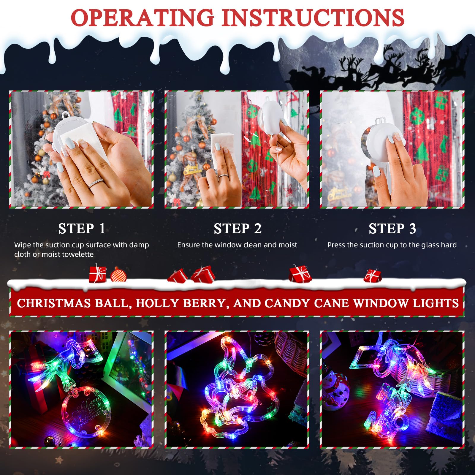 FASISOY Christmas Decorations 3 Pack Multi-Color Christmas Window Lights with Suction Cup, Battery Operated Christmas Lights, Sl