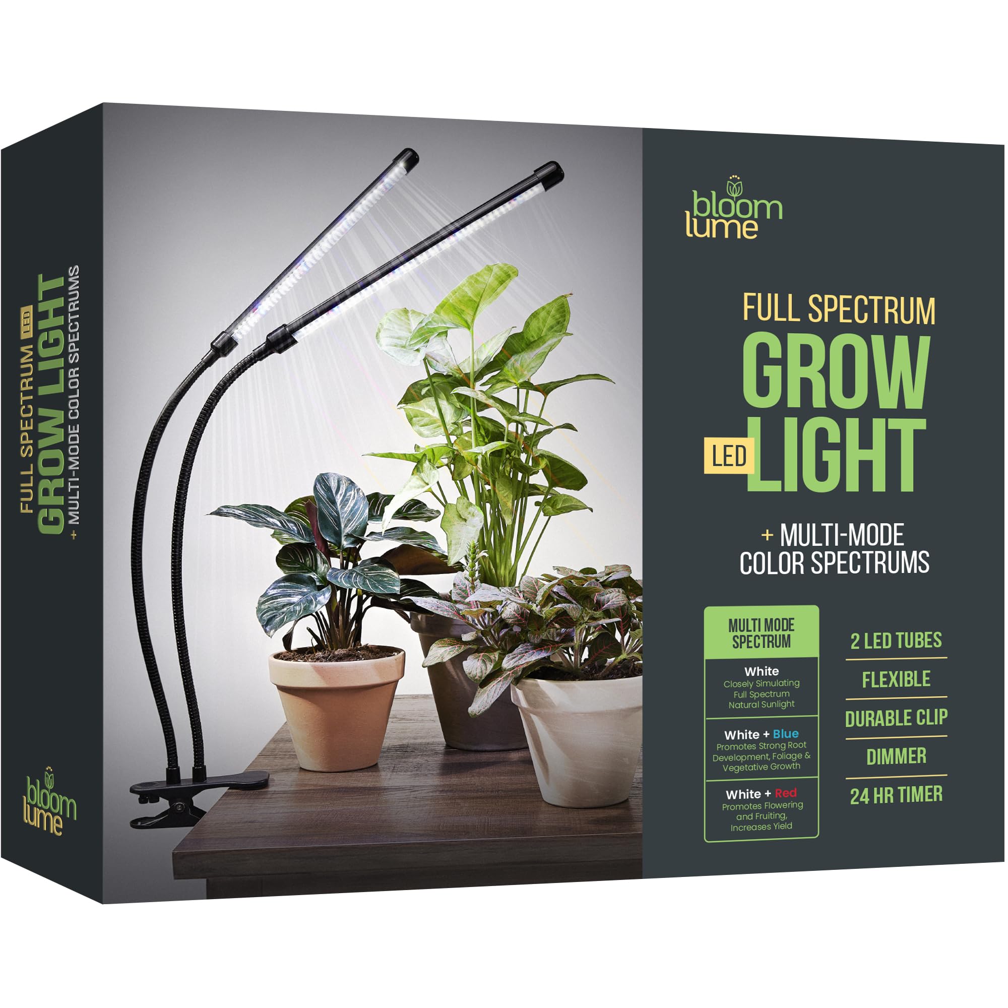 Bloom Lume Led Grow Lights For Indoor Plants Full Spectrum - Features Multi-Mode Color Spectrums, Dimmable, Auto Timer, Clip On Goosneck Plant Lamp