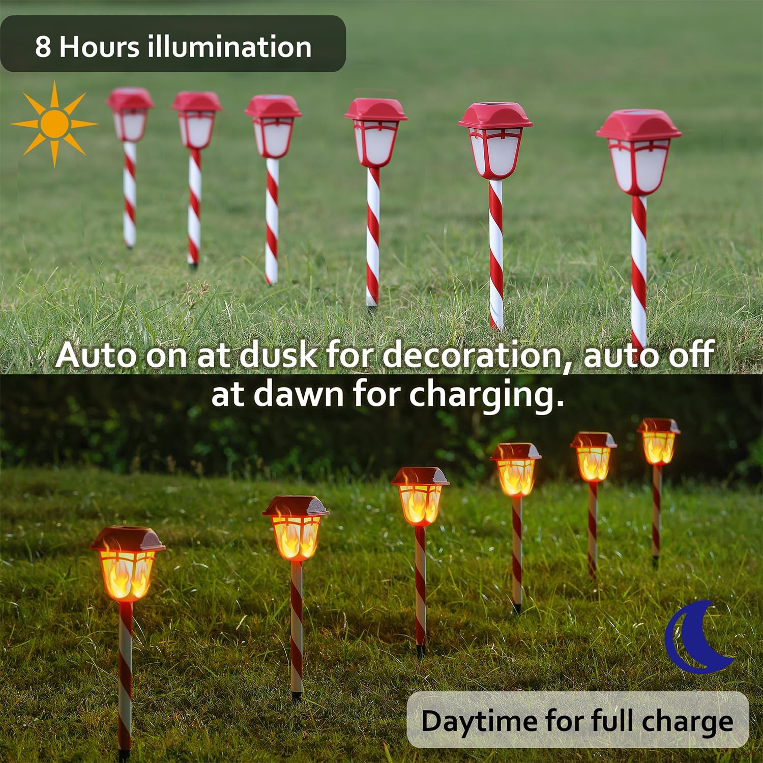 Dynaming 9 Pack Solar Flame Torch Lights, Flickering Flame Christmas Pathway Markers, Auto On/Off Candy Cane Lights For Xmas Pat