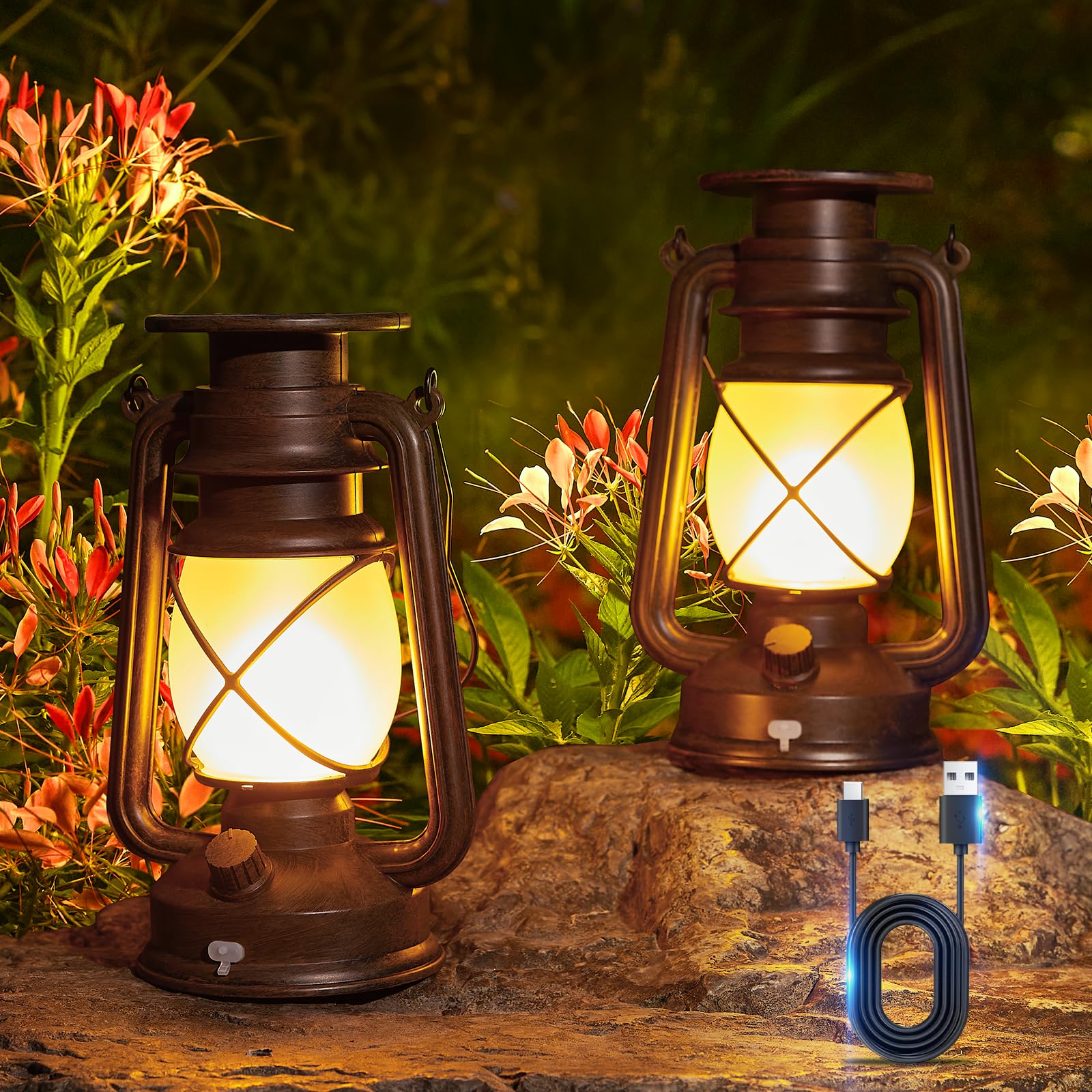 Kooper Solar Lanterns 2 Pack, Vintage Flickering Flame, Waterproof Hanging Lights For Outdoor Decor