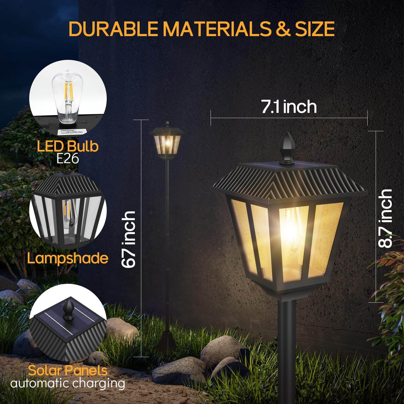 A.Bigwhale 2 Pack 67'' Solar Lamp Post Lights, 3000K Outdoor Solar Post Light Waterproof, Pole Light Outdoor Decorative Floor La