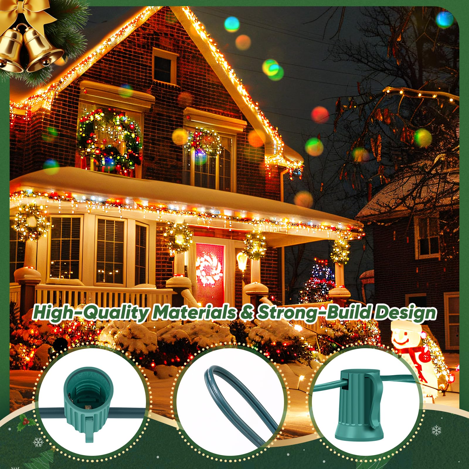 BesLowe C9 Christmas Lights Outdoor, 500FT Green Wire, E17 Sockets, Multicolor, Model GYI-O500RBU