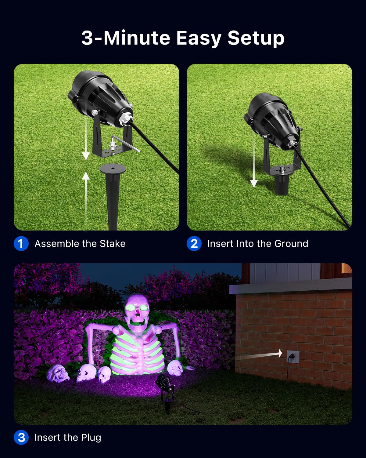 Uv Spotlights For Halloween Decorations 120V Outdoor Landscape Waterproof Blacklights Light Up Skeleton  Spider Web  Tombstones  Ghost  House  Plug-In Purple Spot Light Lighting House  Yard  Garden
