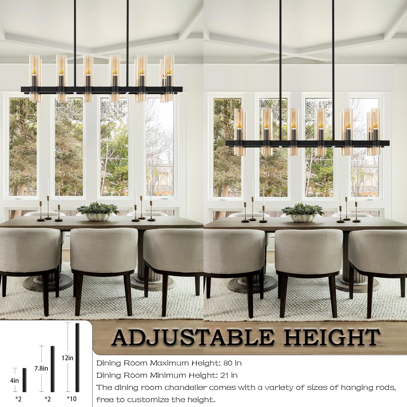 JKLX Modern Black Rectangle Chandelier, 12 Lights, Amber Glass, 48” Adjustable Height, Large Dining Room Light Fixture