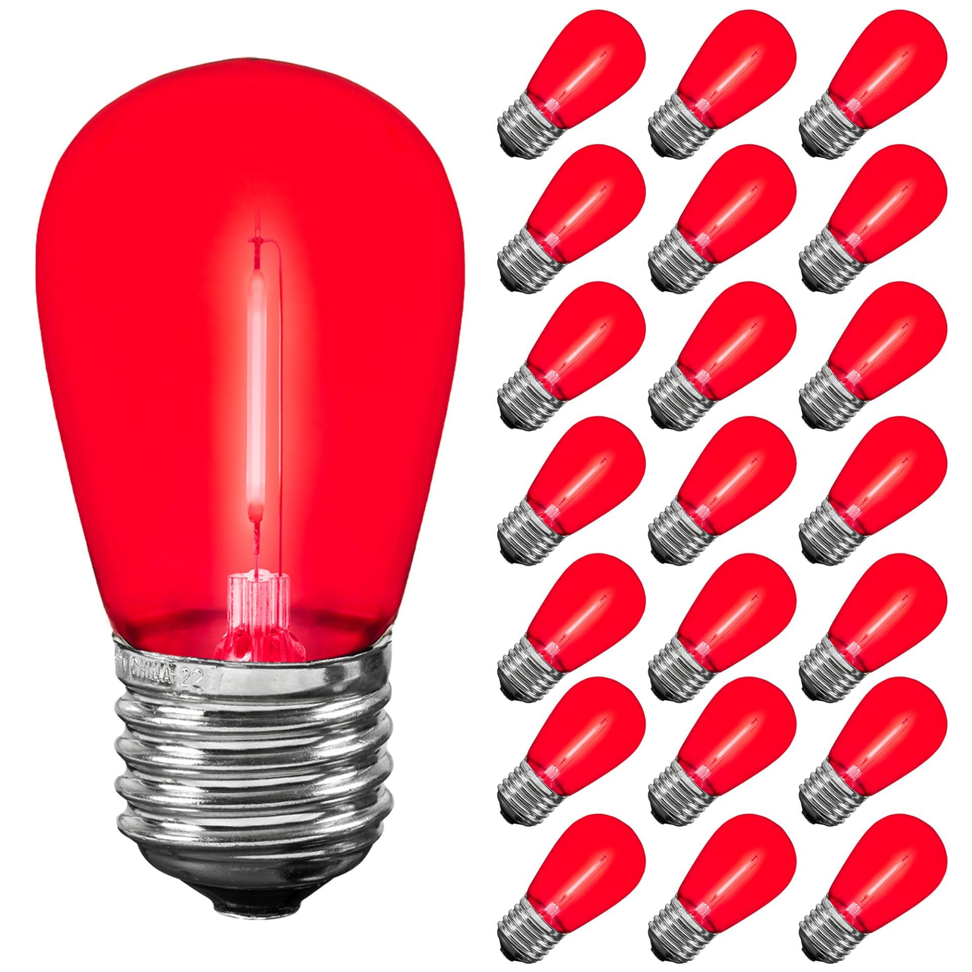 Novelty Lights S14 LED Outdoor String Light Replacement Bulbs, Shatterproof Plastic, 25 Pack, Red, E26 Base, 30,000-Hour Lifespan