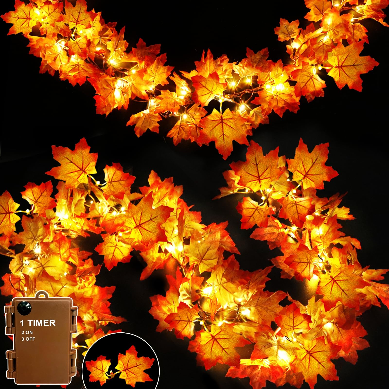 [ Timer & Thicker Leafed ] 2 Pack Fall Garland with Lights Fall Thanksgiving Decor Total 80 Leafed 40LED 20Ft Battery Operated Two Leafed Paired with Each Bright LED Fall Halloween Decor Home Indoor