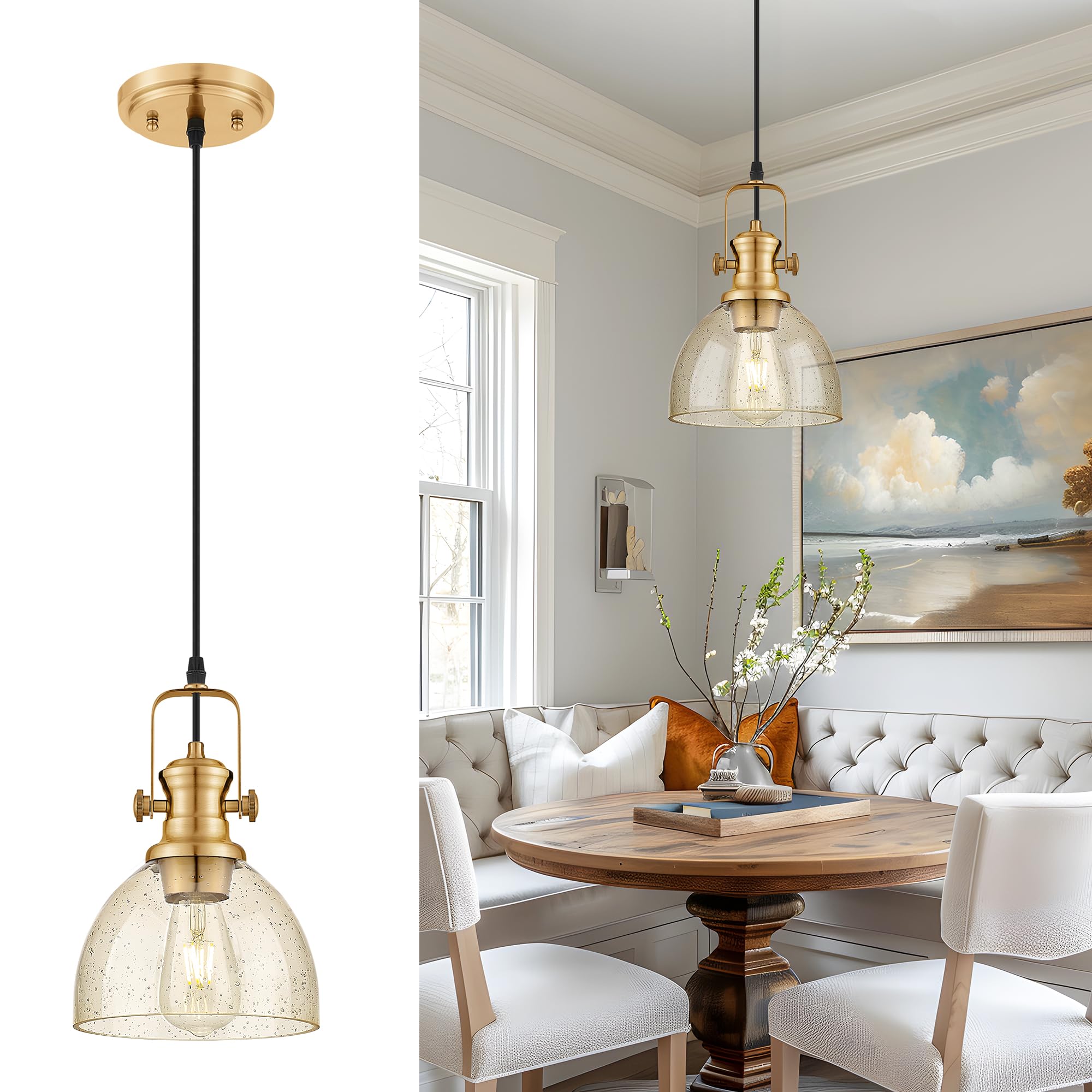 Audickic Pendant Lights Kitchen Island, 7.5" Farmhouse Pendant Lighting With Amber Seeded Glass Shade, Vintage Hanging Light Fixtures For Dining Room, Brushed Gold, Ad-22151-1P-Gd-Or