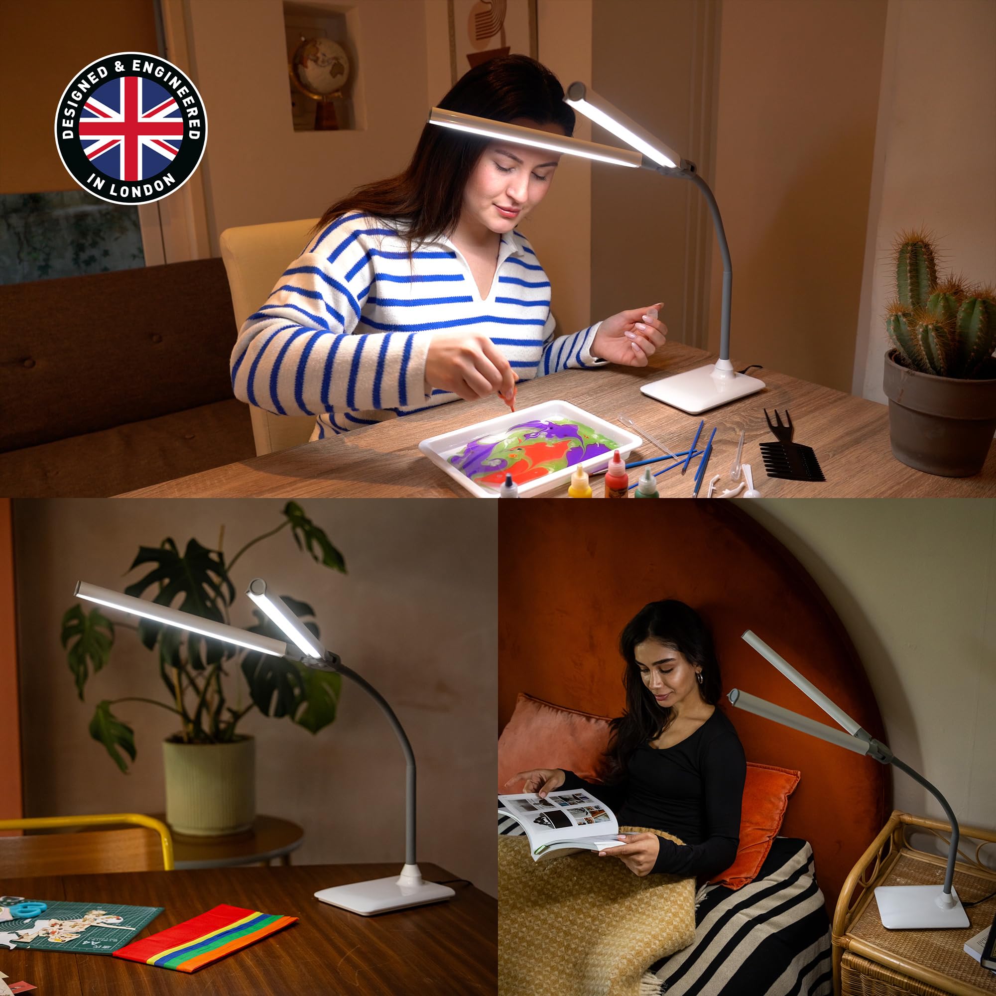 Daylight Duoprotable Lamp - Double Shade Led Task Lamp, 4 Brightness Levels, 6,000K, 2,100 Lux, Anti-Glare, Flexible Arm, Touch