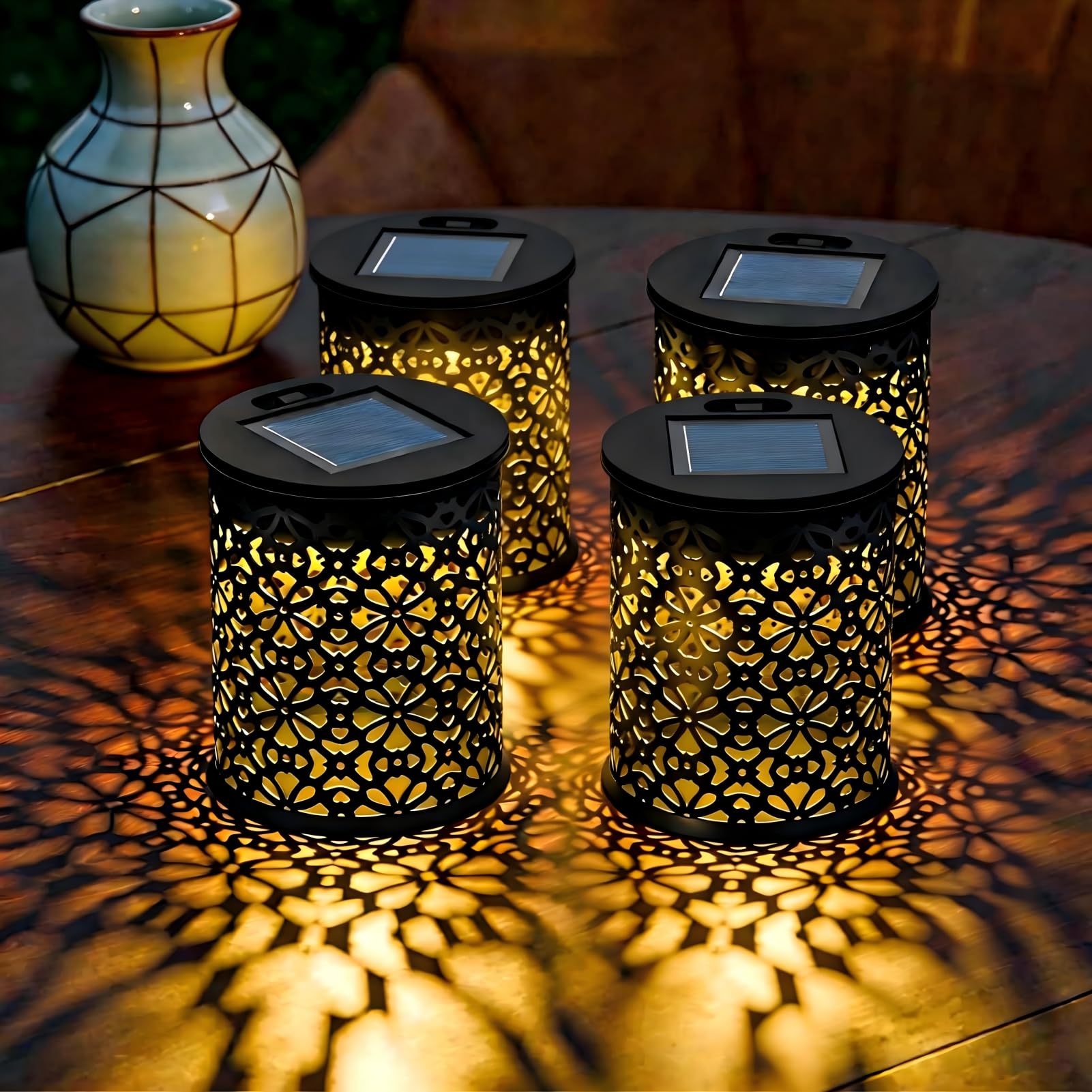 uuffoo 4 Pack Small Solar Lanterns Outdoor Waterproof, Hollow Out Retro Solar Lights Auto On/Off for Outside Garden Yard Patio P