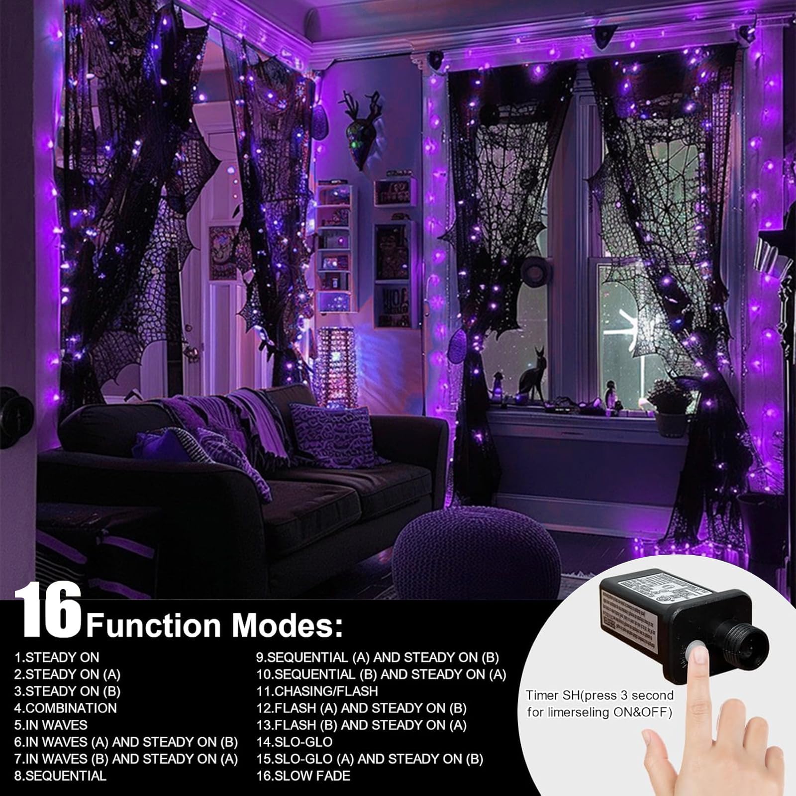 LAMPHOME 66ft Halloween Mini Lights, 200 LED Purple Fairy String Lights, 11 Modes, Copper Wire, Model YHLL-100F