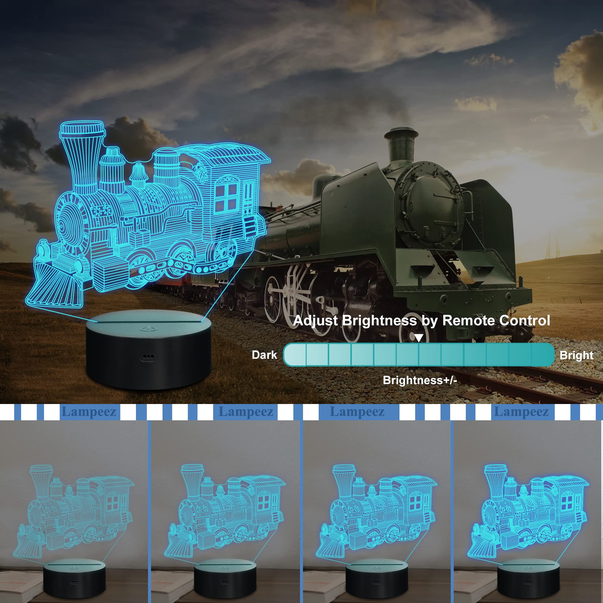 Lampeez 3D Steam Train Lamp Night Light 3D Illusion Lamp For Kids, 16 Colors Changing With Remote, Kids Bedroom Decor As Xmas Holiday Birthday Gifts For Boys Girls Nursery Decor Lighting